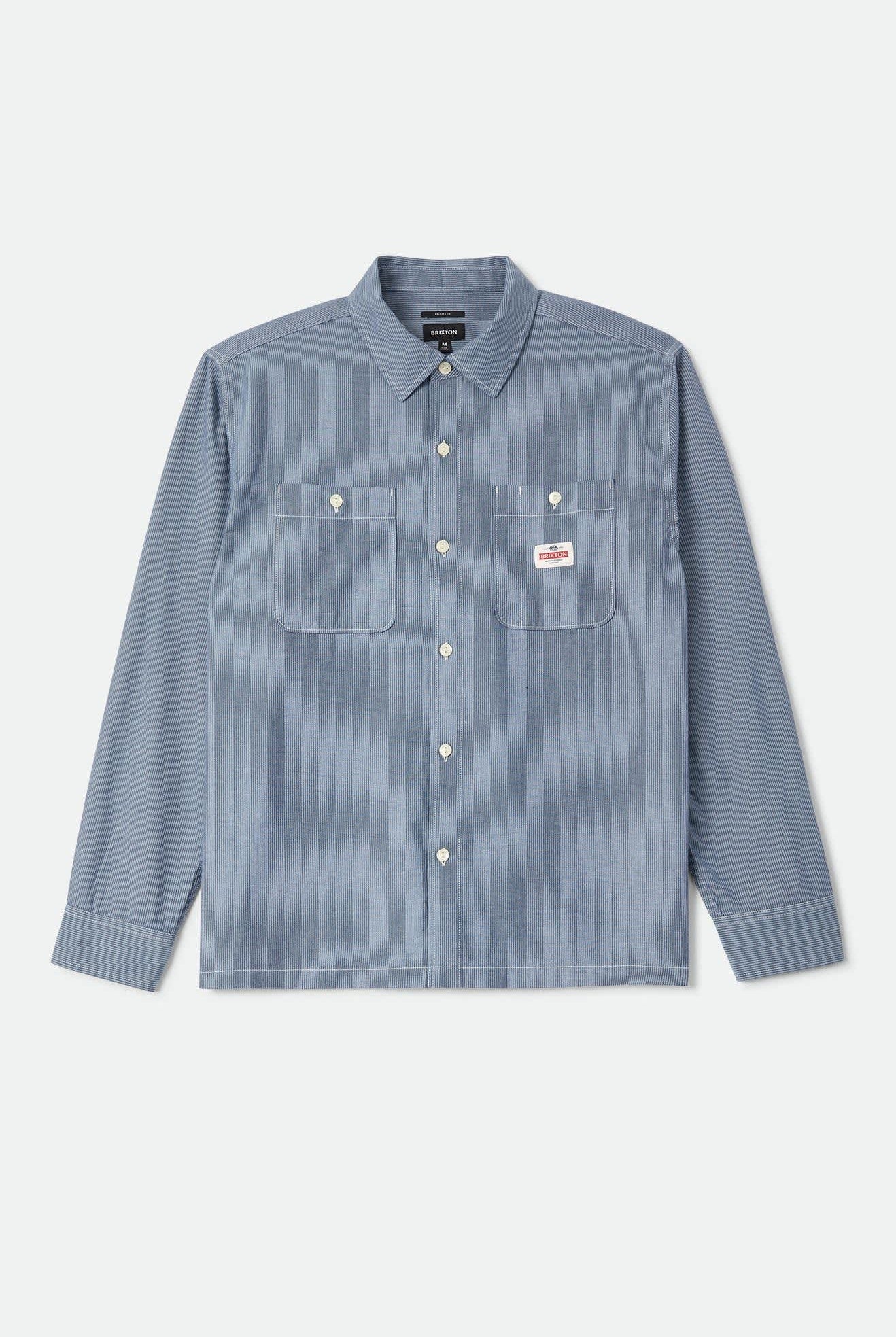 Men's Trademark Long Sleeve Shirt in the color Blue Chambray Micro Stripe - Front Product View