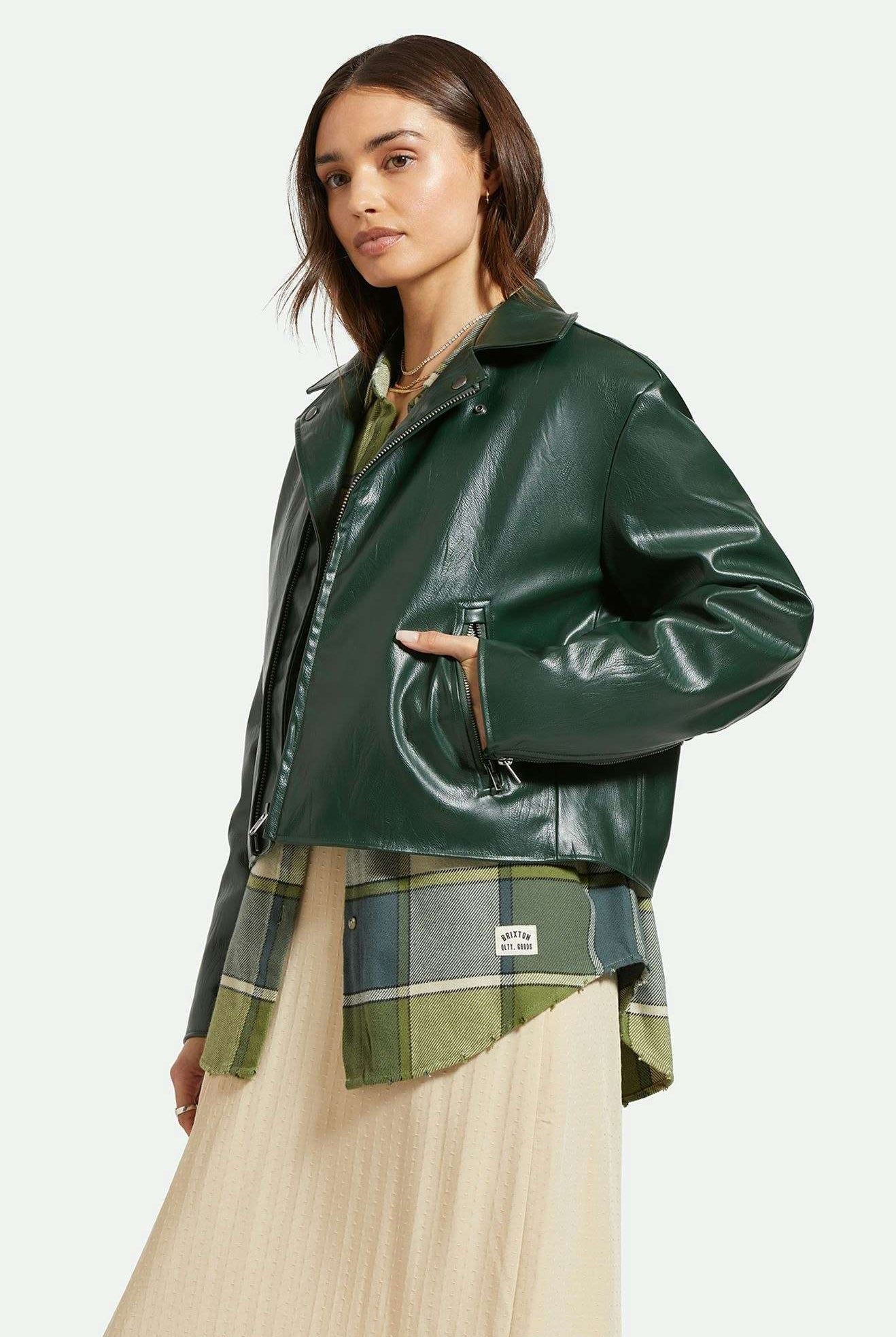Women's Side Fit | The Moto Vegan Leather Jacket - Pine Needle
