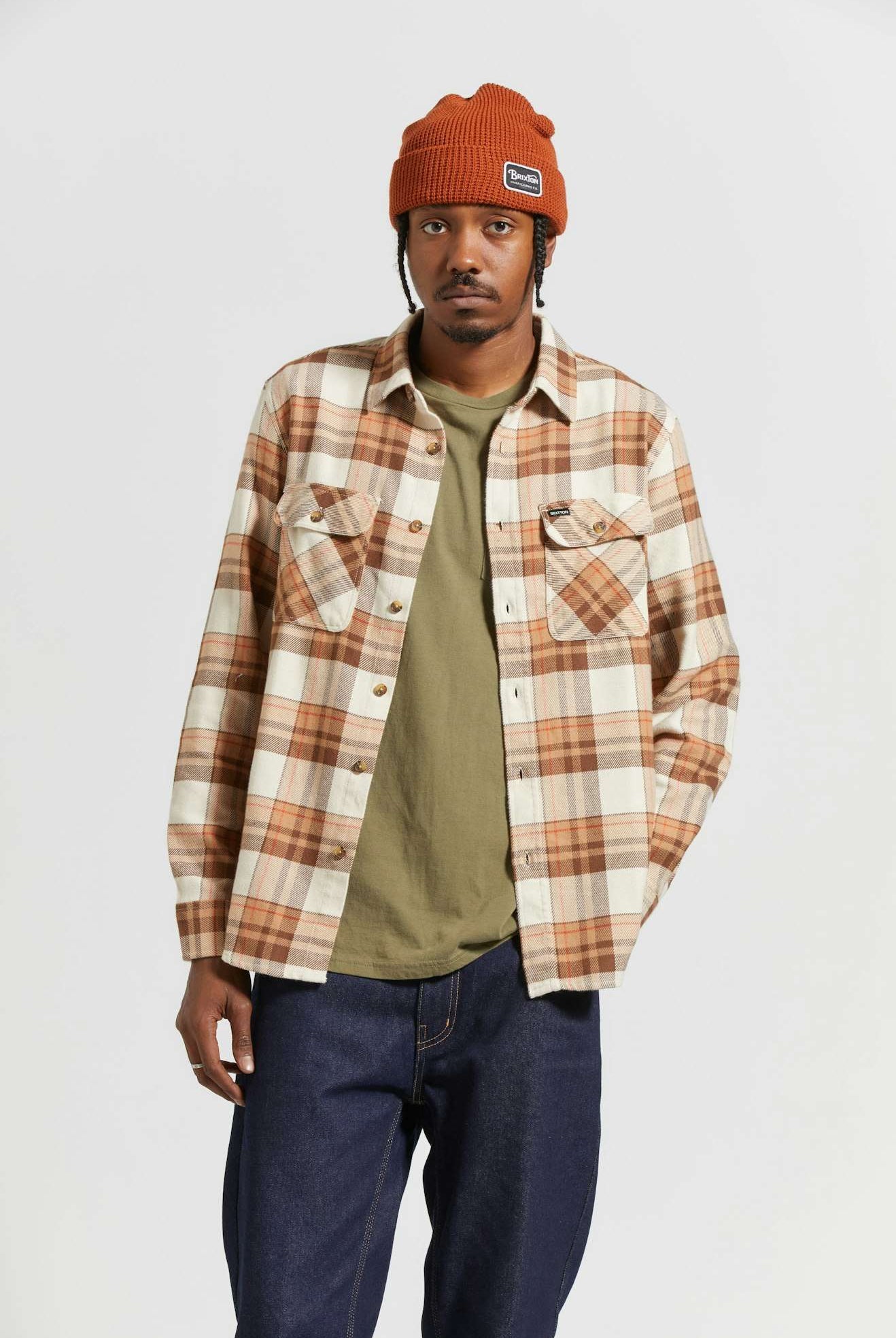 Men's Fit, front | Bowery L/S Flannel - Whitecap/Pinecone Brown/Burro Brown