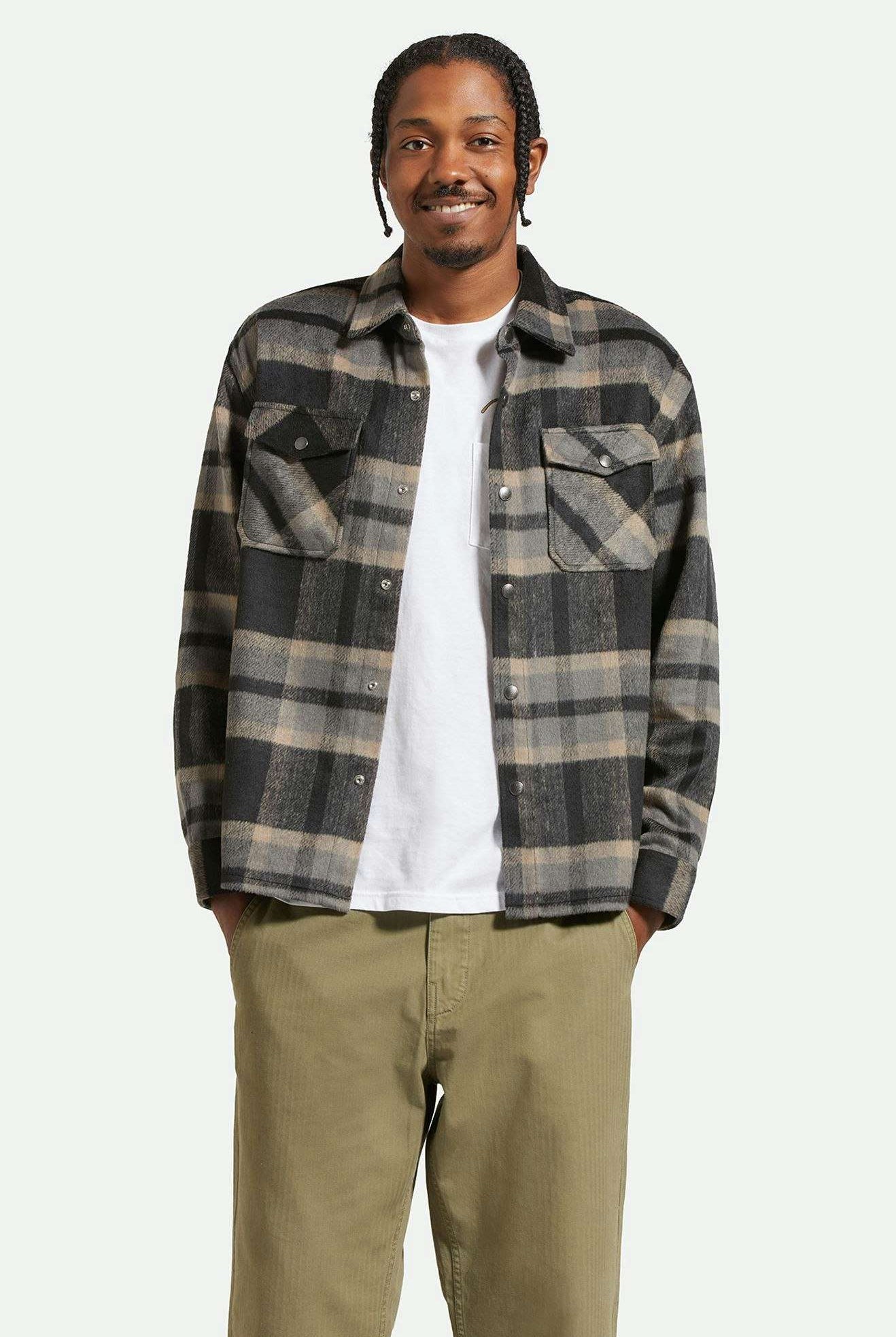 Men's Fit, front | Selden Soft Brushed L/S Flannel Overshirt - Black/Charcoal