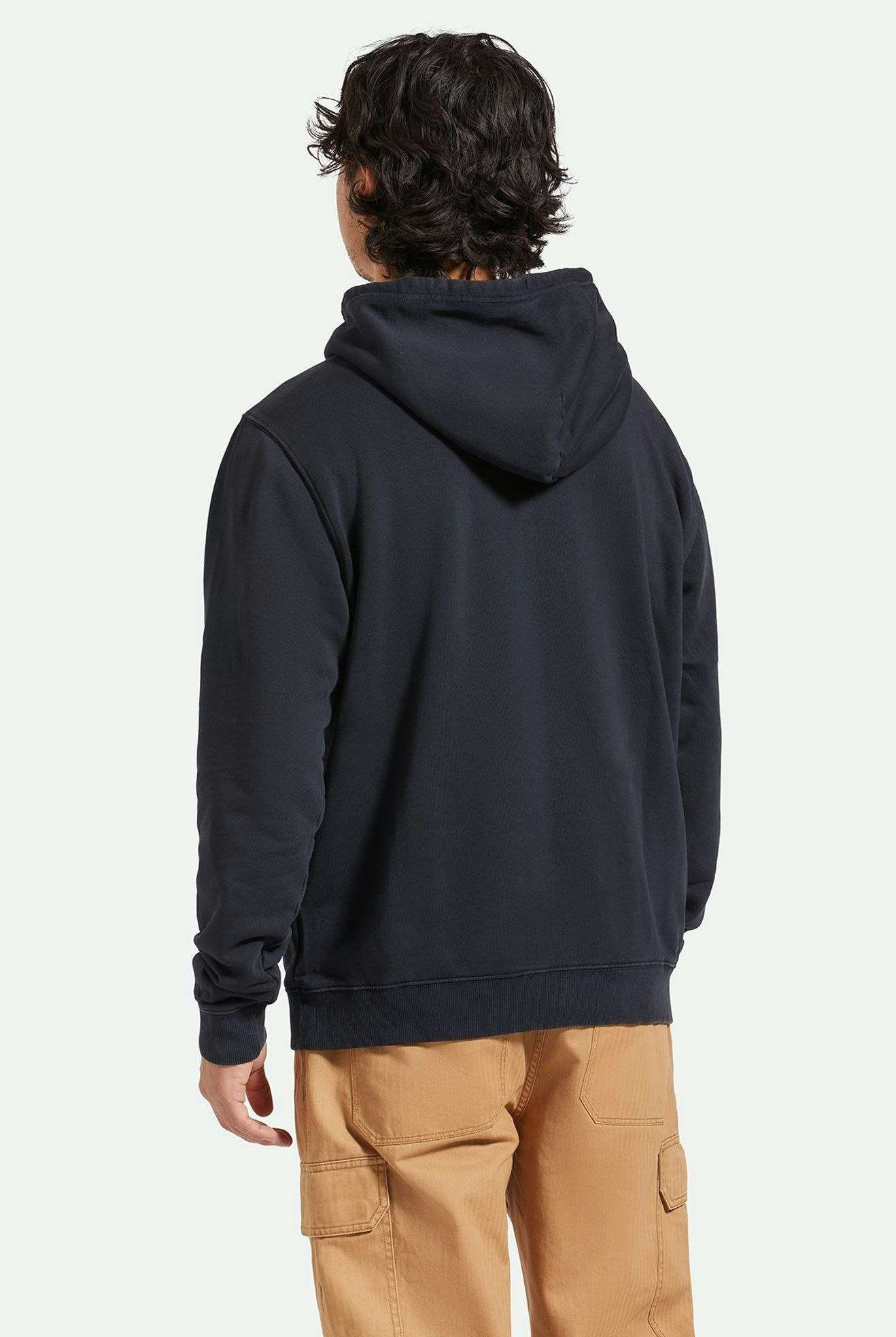 Men's Back Fit Image | Varsity Broken In Hoodie - Black Worn Wash
