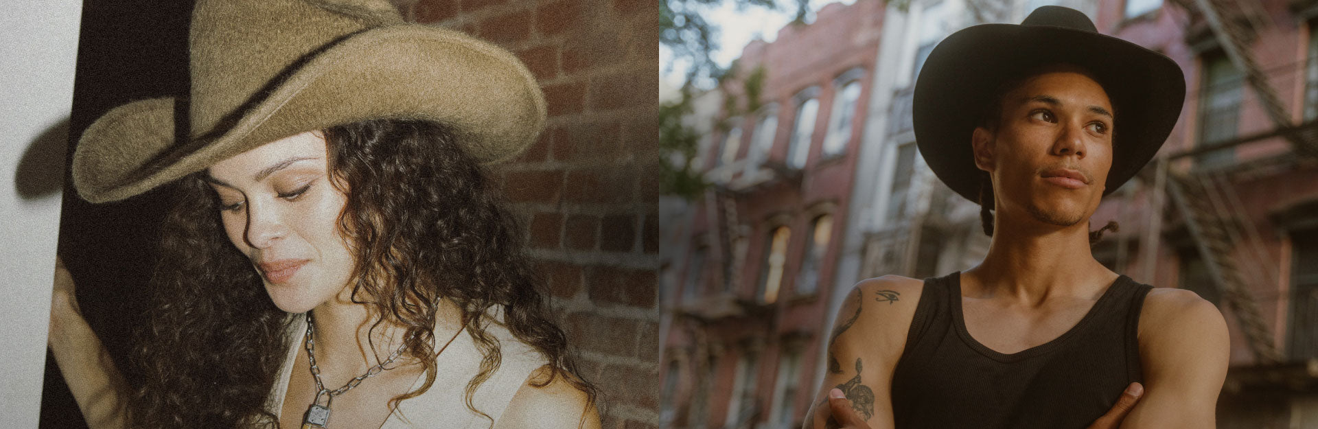 Two images of a people wearing Cowboy hats, with a brick wall and building in the background.