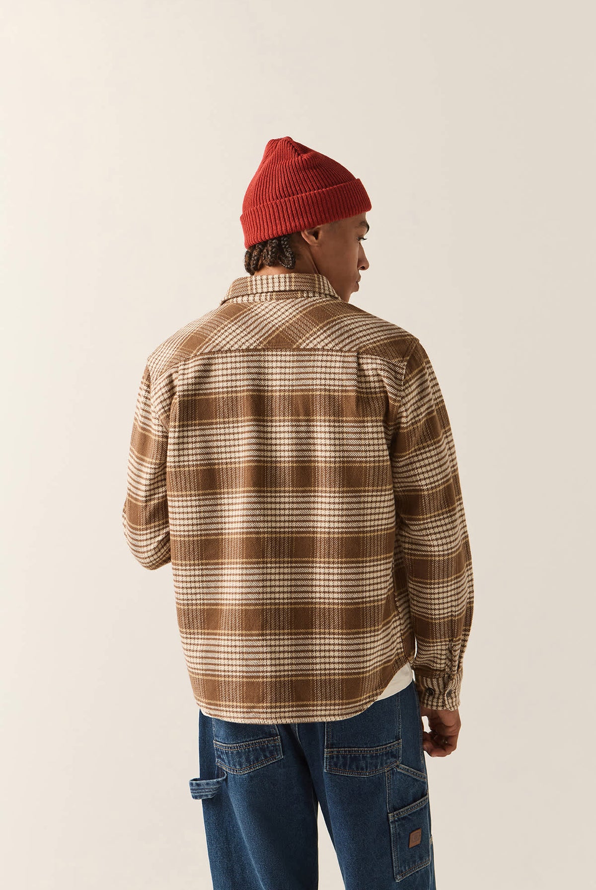 Men's Bowery Heavyweight Flannel in the color Pinecone Brown/Whitecap - Men's Back View