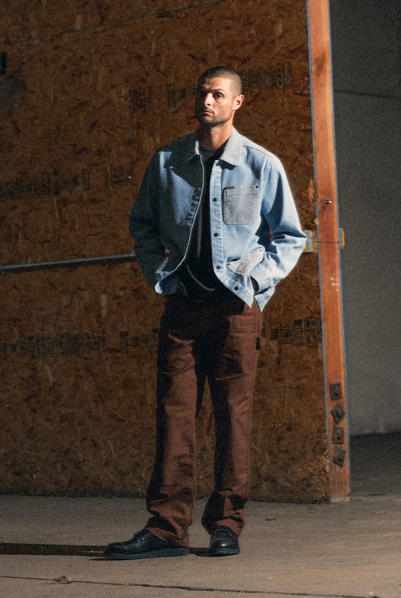 Men's Herringbone Lightweight Chore Coat in the color Light Wash Denim Herringbone - Men's Lifestyle image