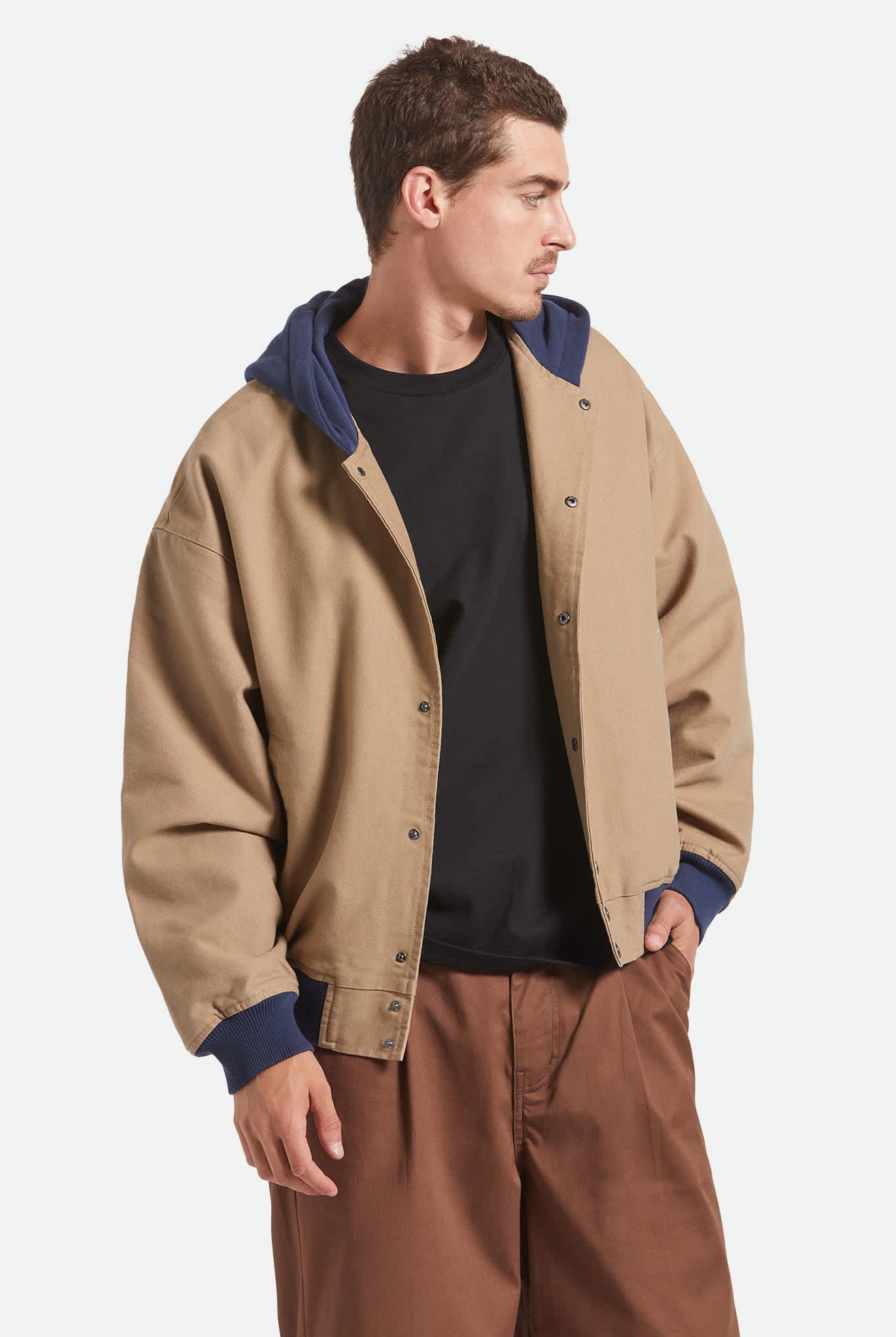 Men's Canvas Hooded Bomber Jacket in the color Khaki/Mood Indigo - Men's Front View