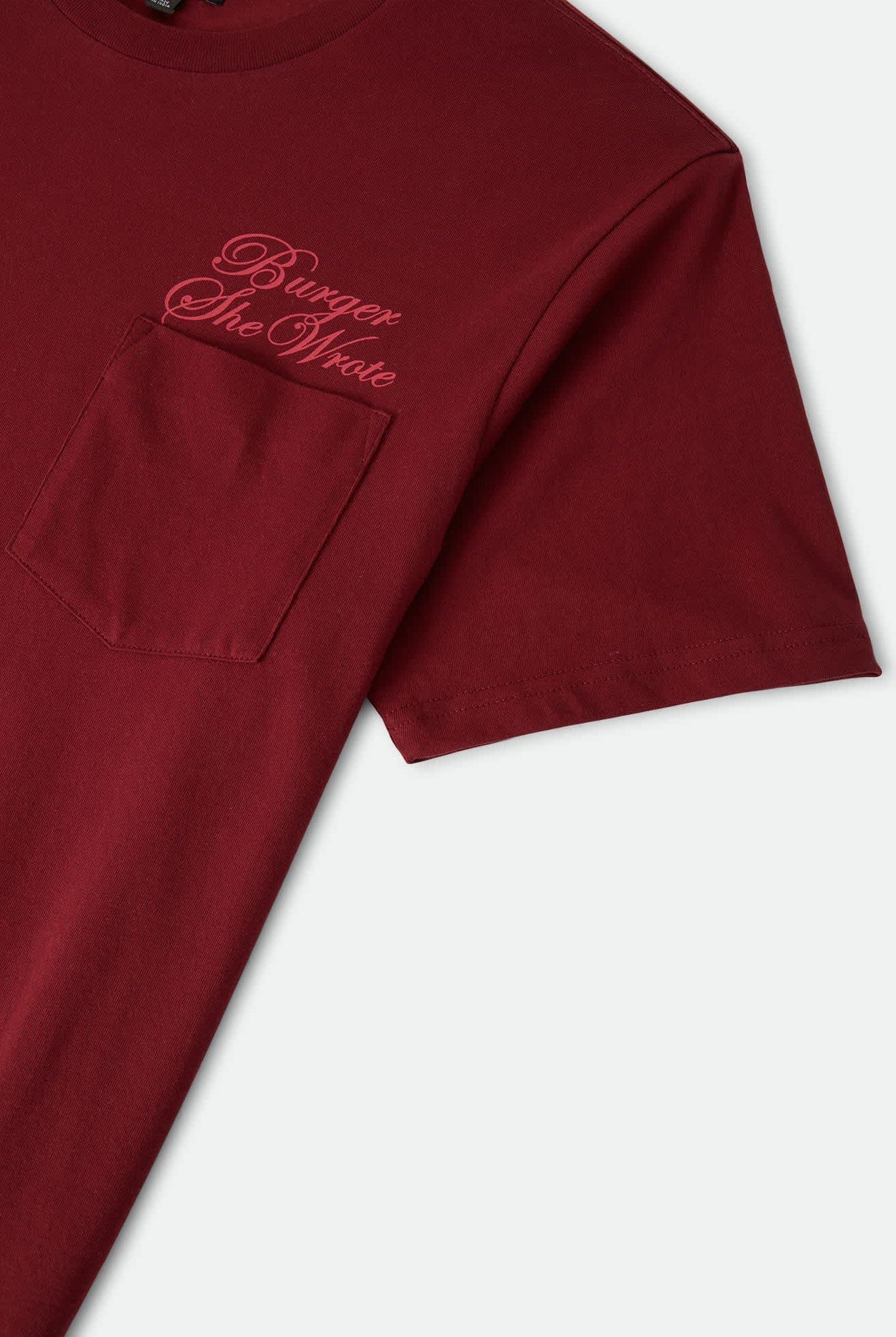 Men's Burger She Wrote Pocket T-Shirt in the color Burgundy - Additional Laydown image