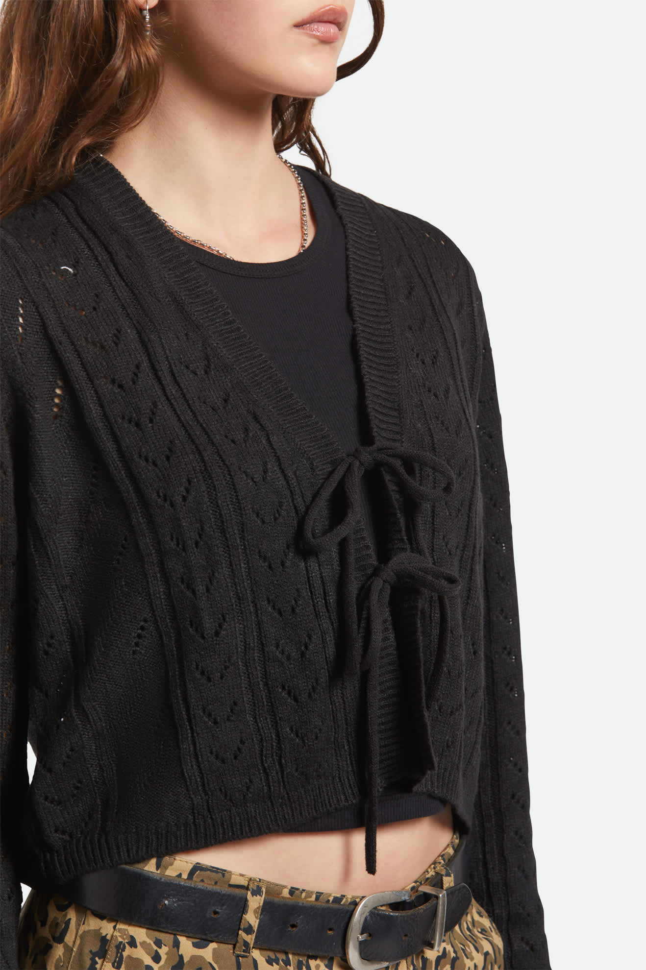 Women's Cropped Pointelle Tie Cardigan in the color Black - Women's Back View