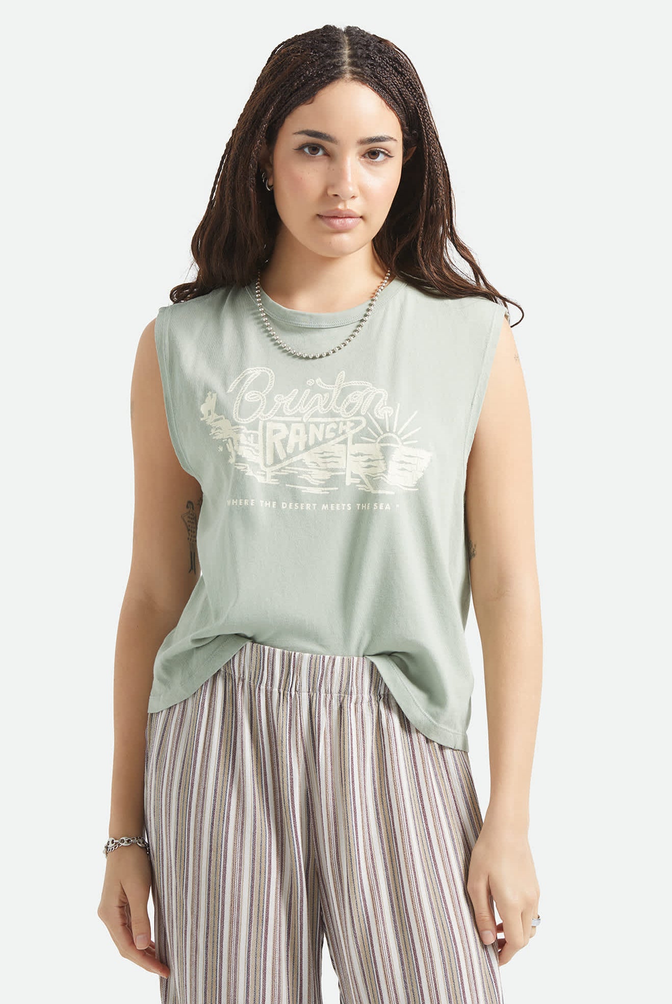 Women's Brixton Ranch Muscle Tank in the color Sage Green - Women's Front View