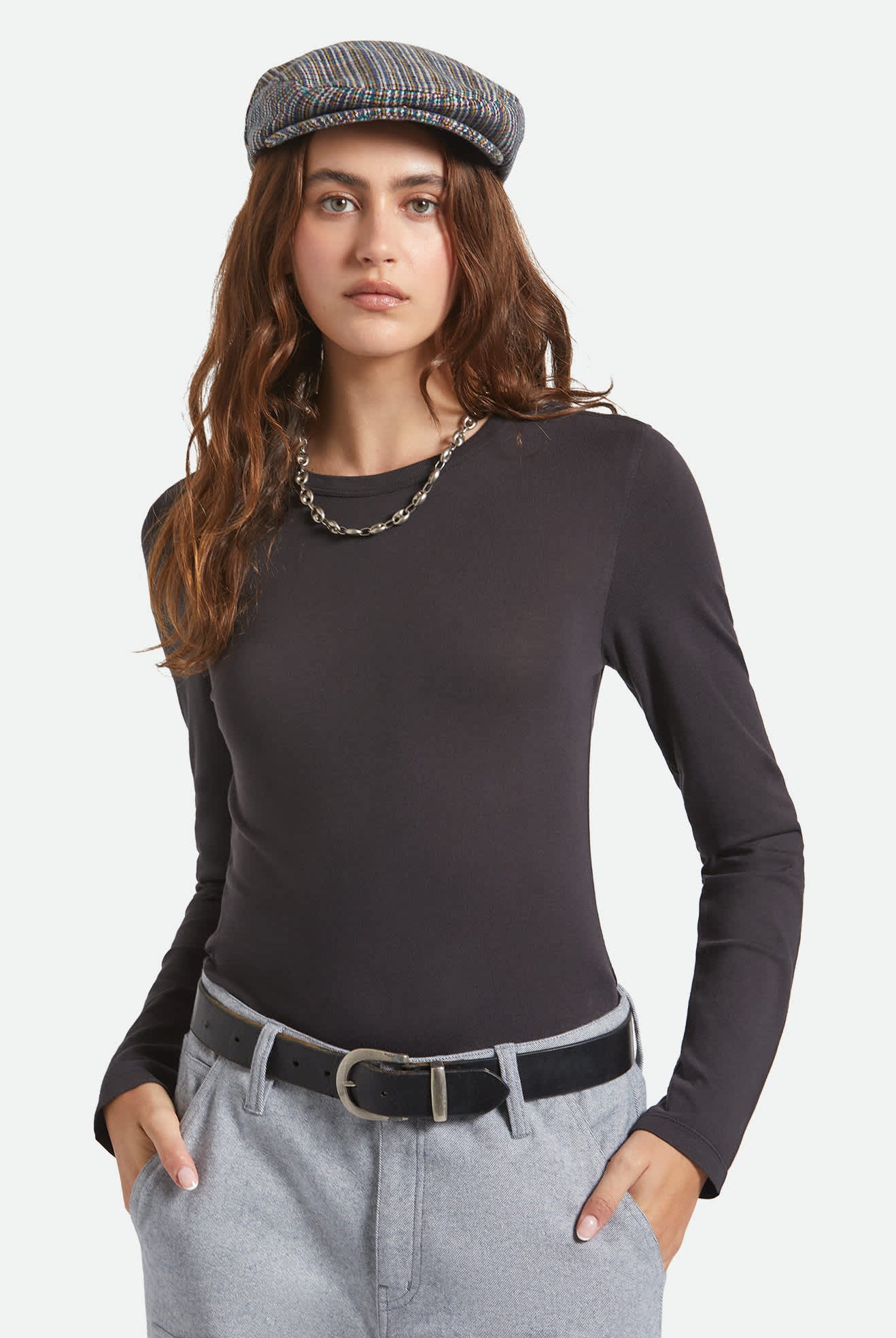 Unisex Hooligan Flat Cap in the color Multi Plaid - Women's Front View