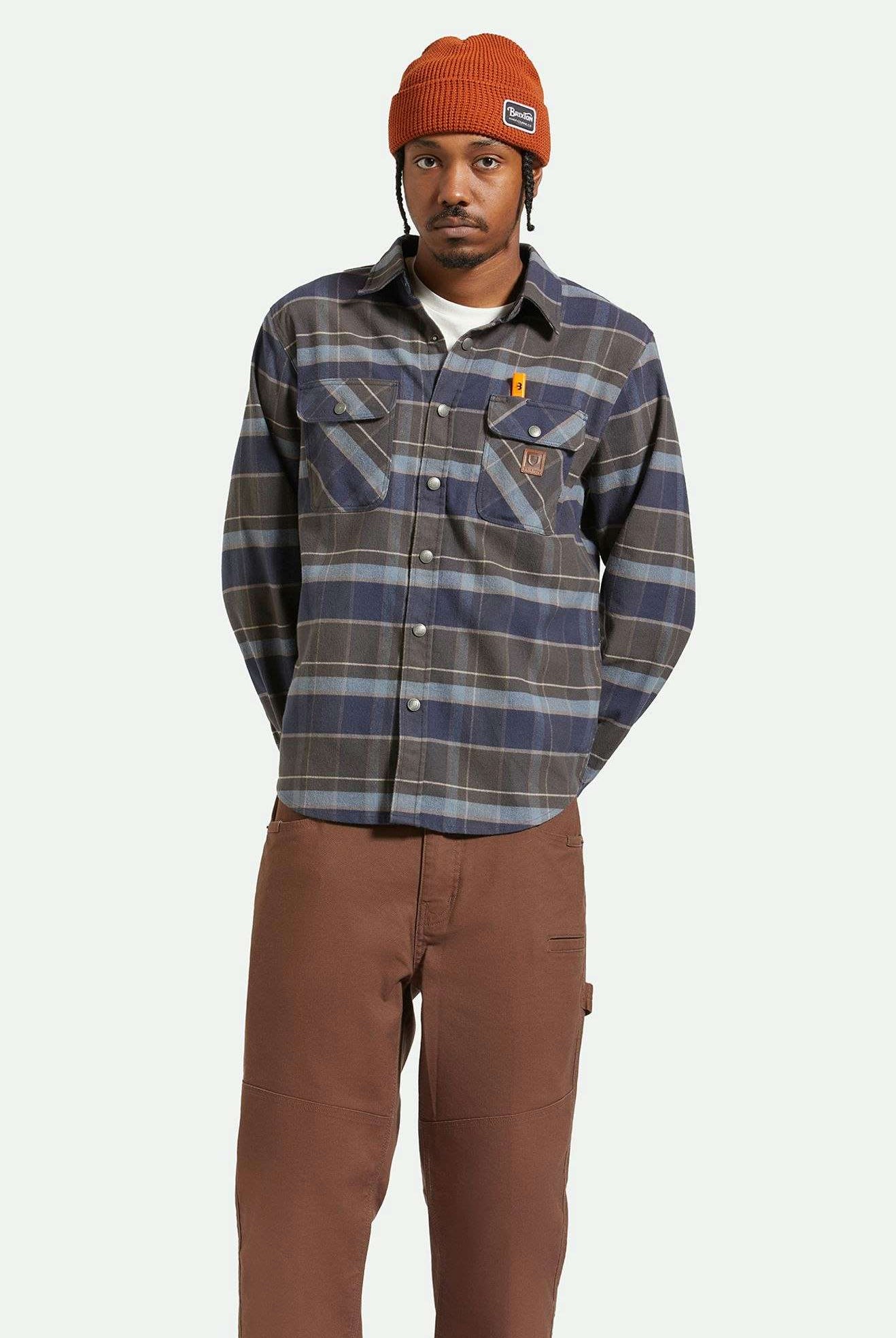 Men's Fit, front | Builders Bowery Stretch Water Resistant L/S Flannel - Washed Navy/Black/Coronet Blue
