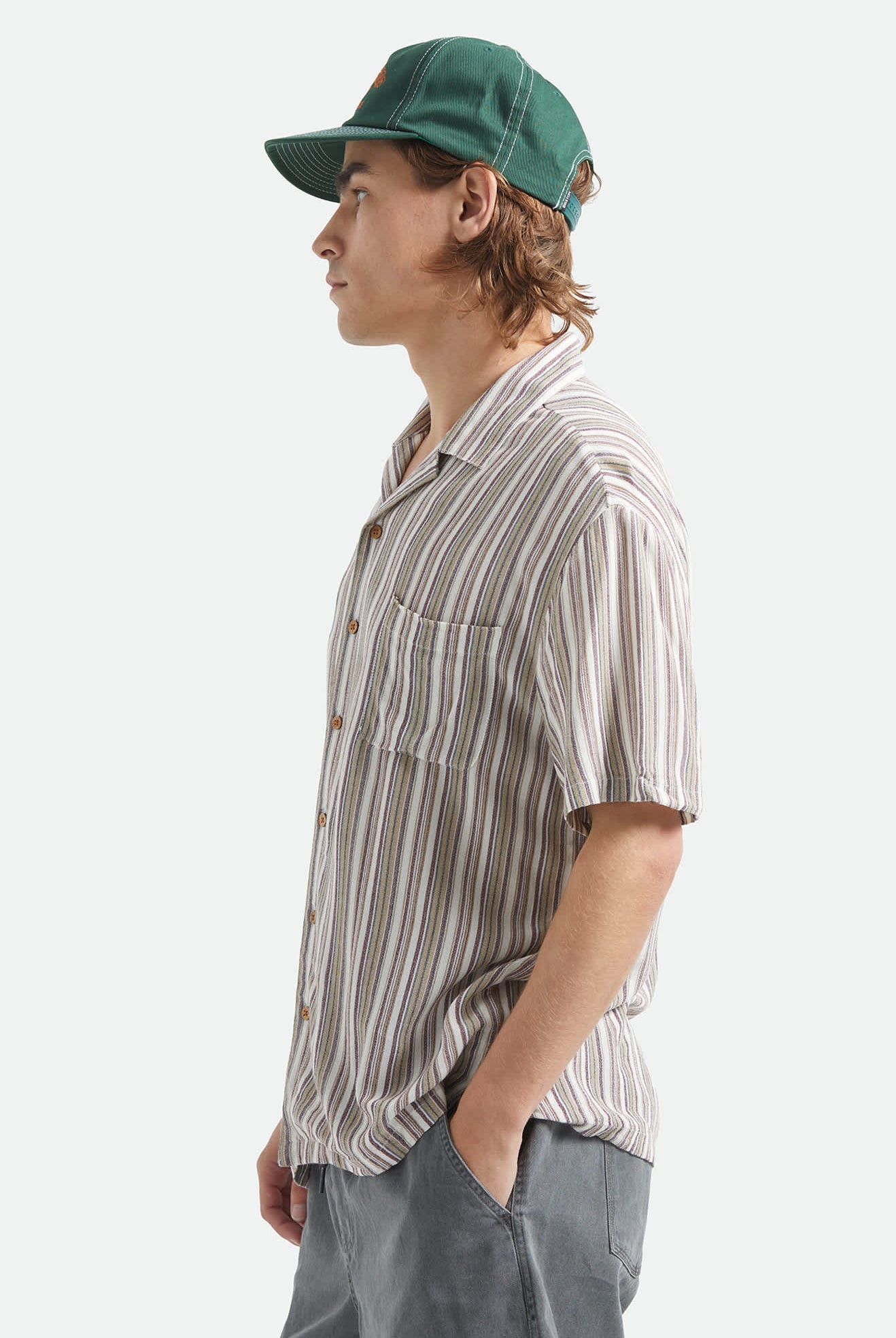 Men's Bunker Twisted Stripe Short Sleeve Camp Collar Shirt in the color Robust Red - Men's Side View