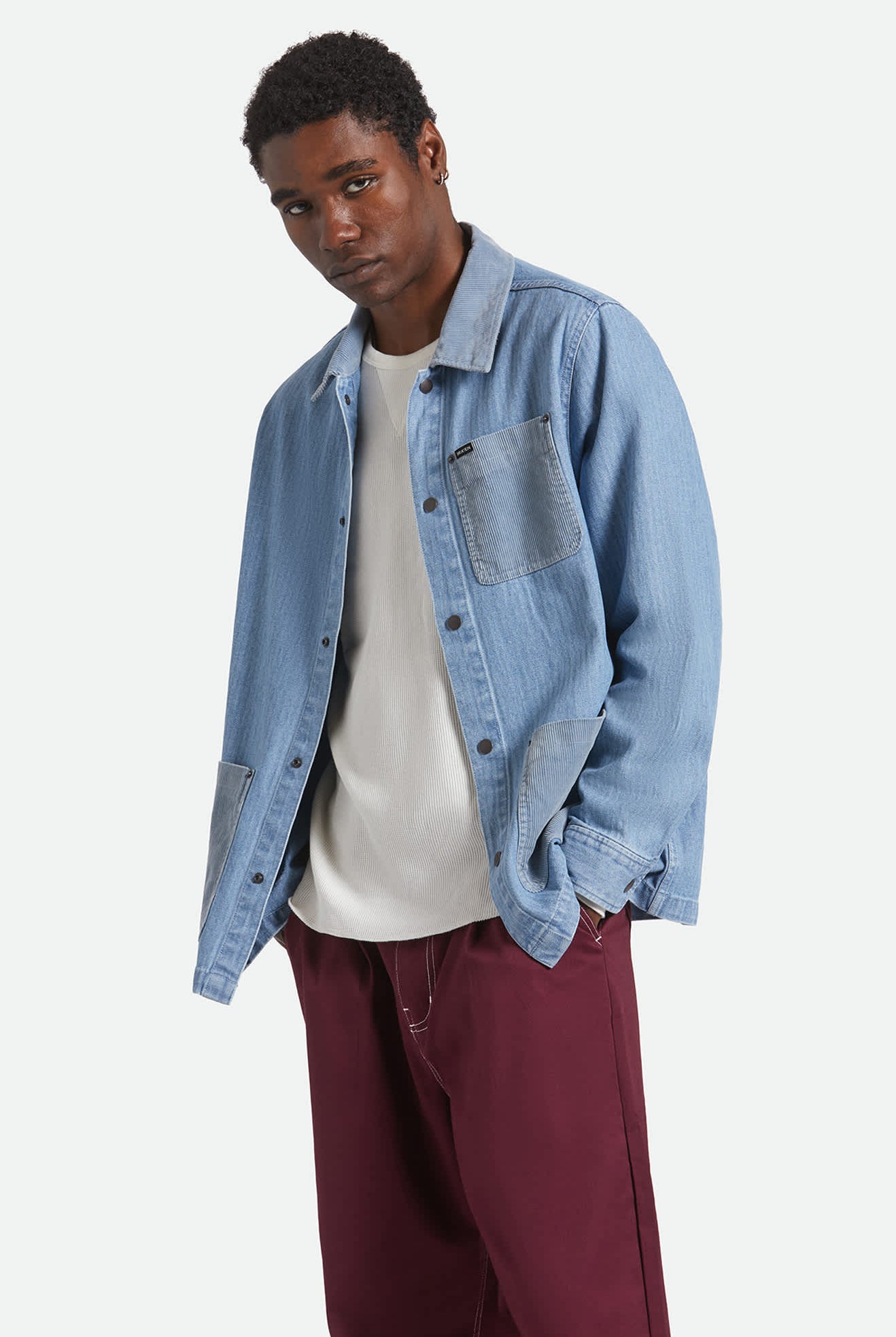 Men's Herringbone Lightweight Chore Coat in the color Light Wash Denim Herringbone - Additional Fit image