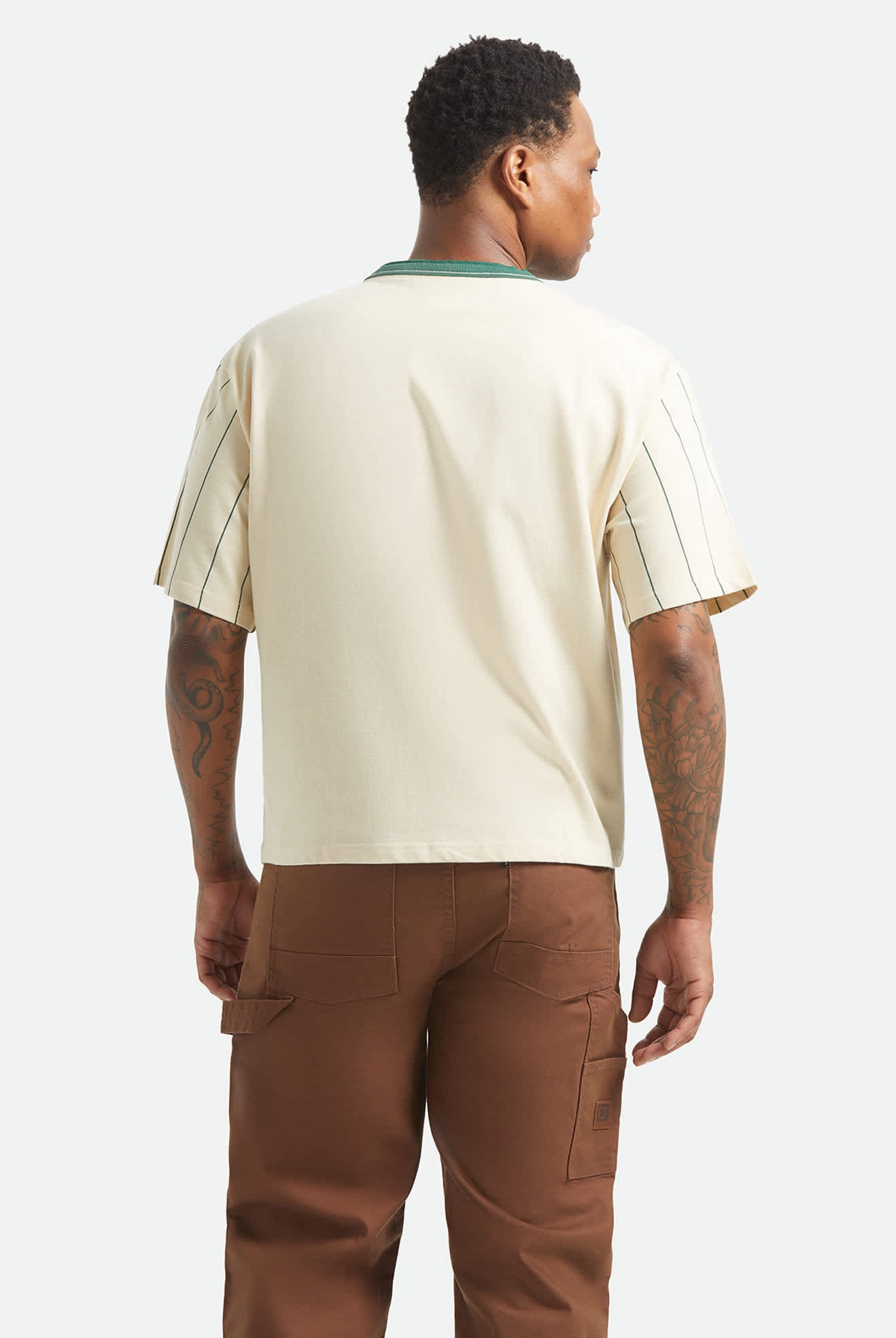 Men's Boxy Short Sleeve Baseball T-Shirt in the color Whitecap/Primal Green - Men's Back View