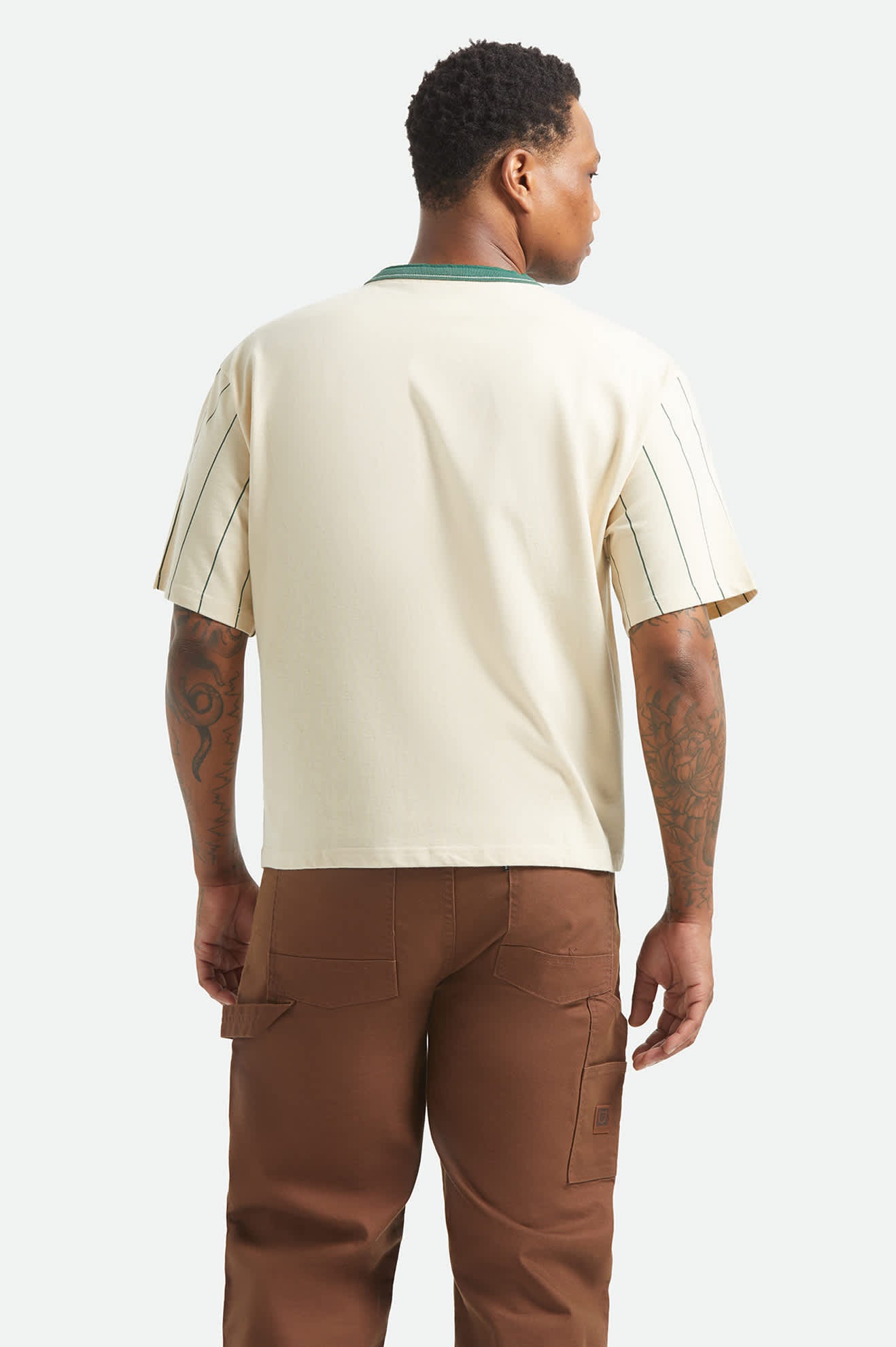 Men's Boxy Short Sleeve Baseball T-Shirt in the color Whitecap/Primal Green - Men's Back View