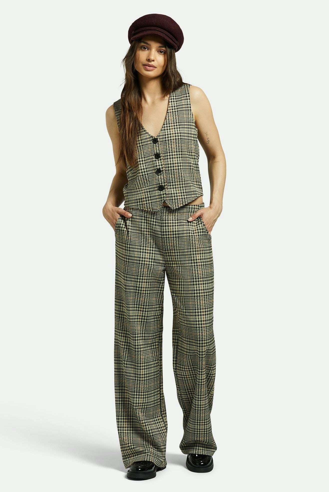 Brixton Women's Menswear Plaid Leisure Trouser Pant - Winter White/Black Plaid | Front fit