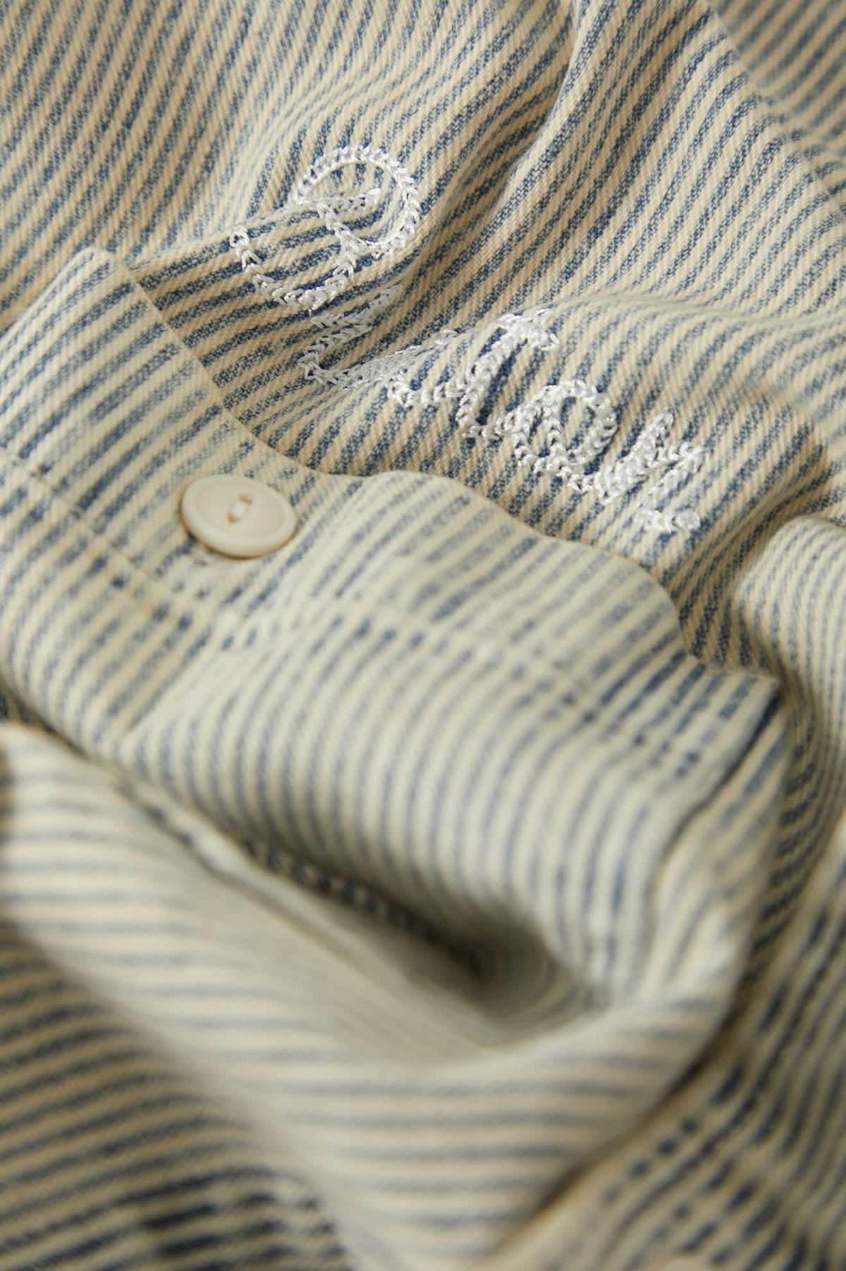 Men's 76 Mechanics Shirt in the color Navy/Off White Hickory Stripe - Additional Laydown image