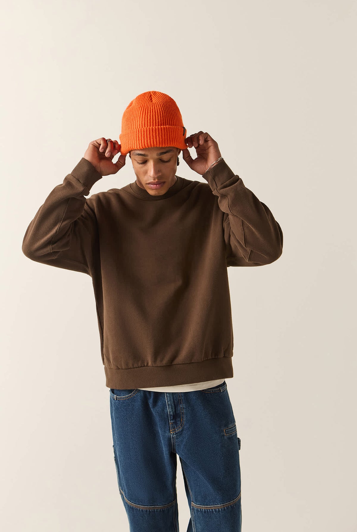 Men's Brixton Baseline Crew Fleece in the color Walnut Brown Vintage Wash - Men's Front View