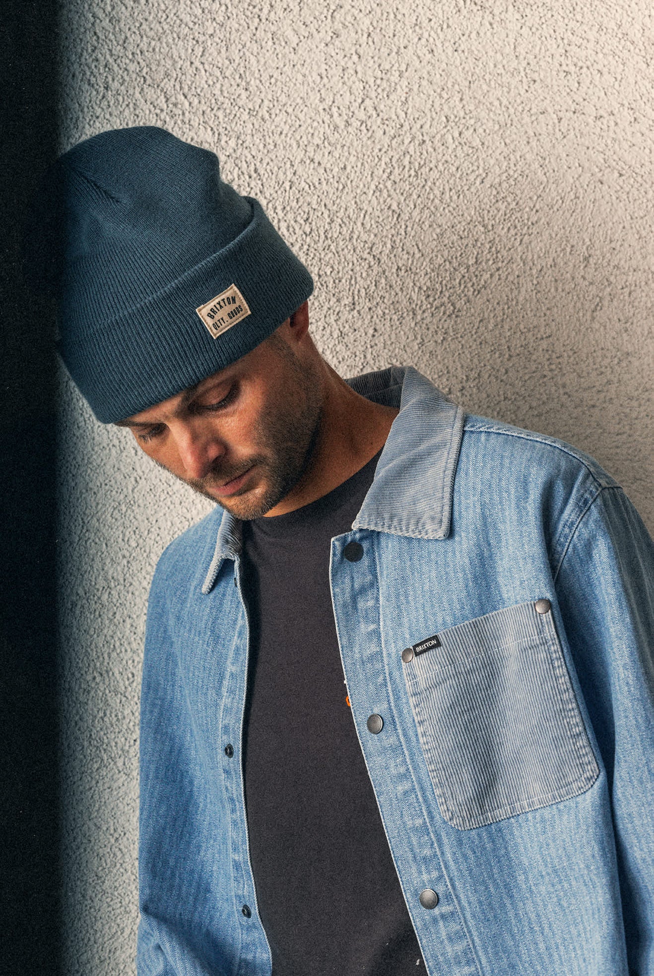 Men's Herringbone Lightweight Chore Coat in the color Light Wash Denim Herringbone - Men's Lifestyle image