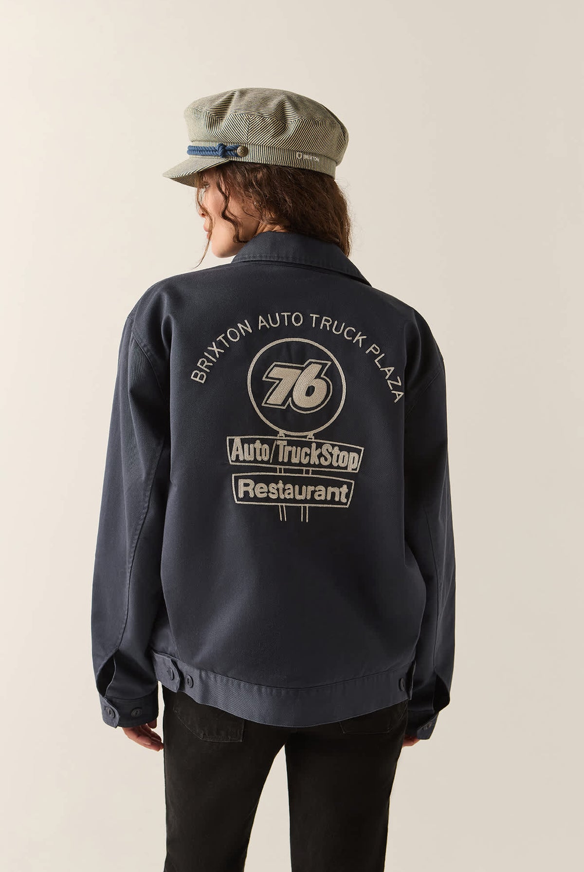 Men's 76 Mechanics Jacket in the color Washed Navy - Women's Back View