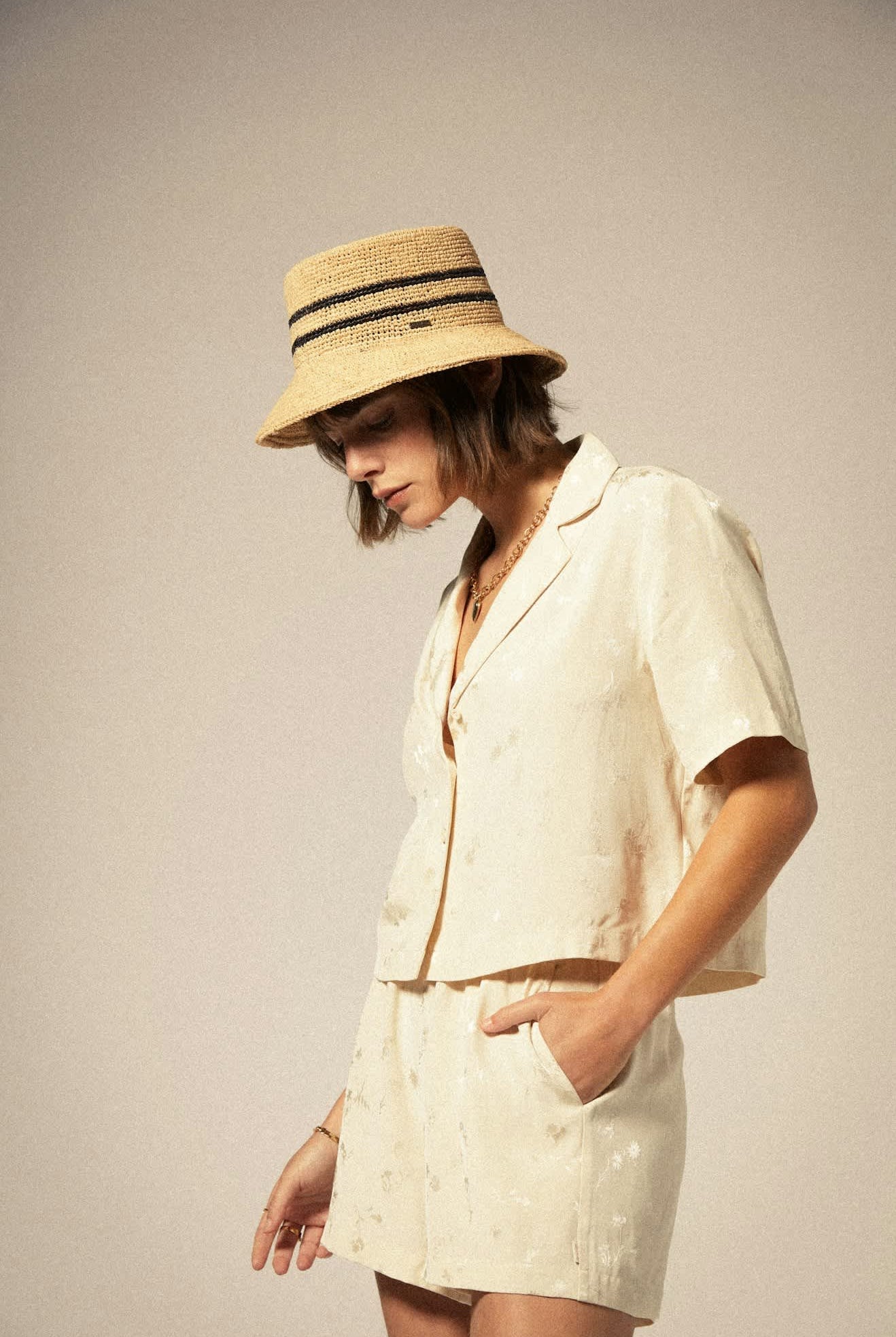 Women's Silky S/S Jacquard Button Down in the color Whitecap Floral Jacquard - Women's Side View
