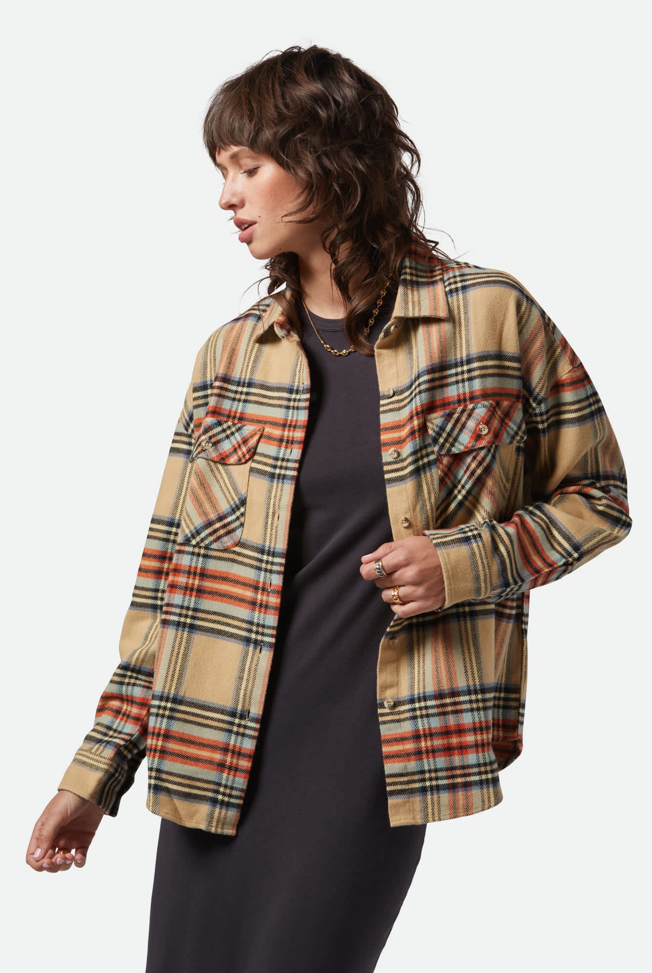 Women's Bowery Women's Classic L/S Flannel in the color Sand/Burnt Brick/Black Plaid - Women's Front View