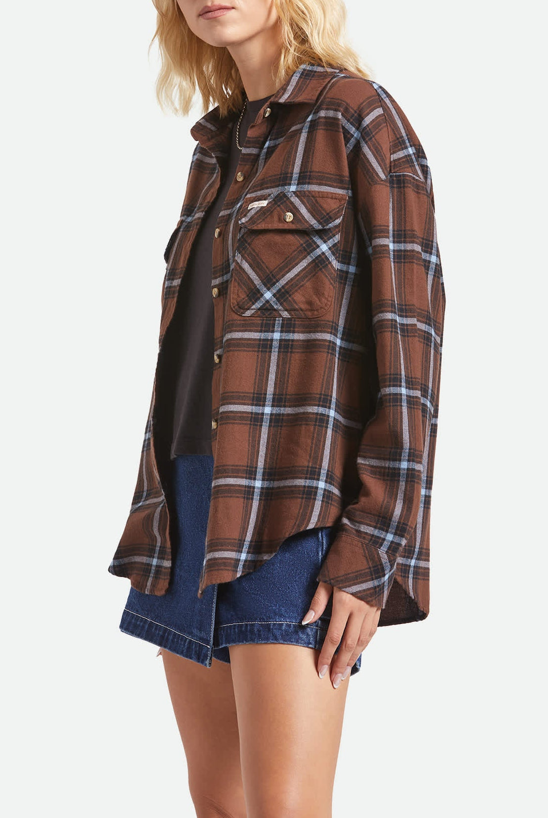 Women's Bowery Vintage Overshirt in the color Pinecone Brown/Black/Borrowed Blue - Women's Side View