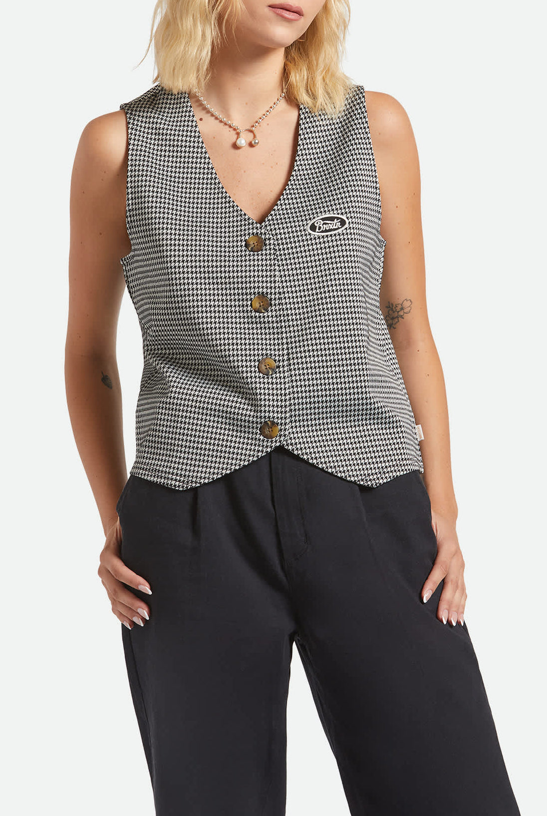 Women's Houndstooth Leisure Vest in the color Winter White/Black - Women's Front View