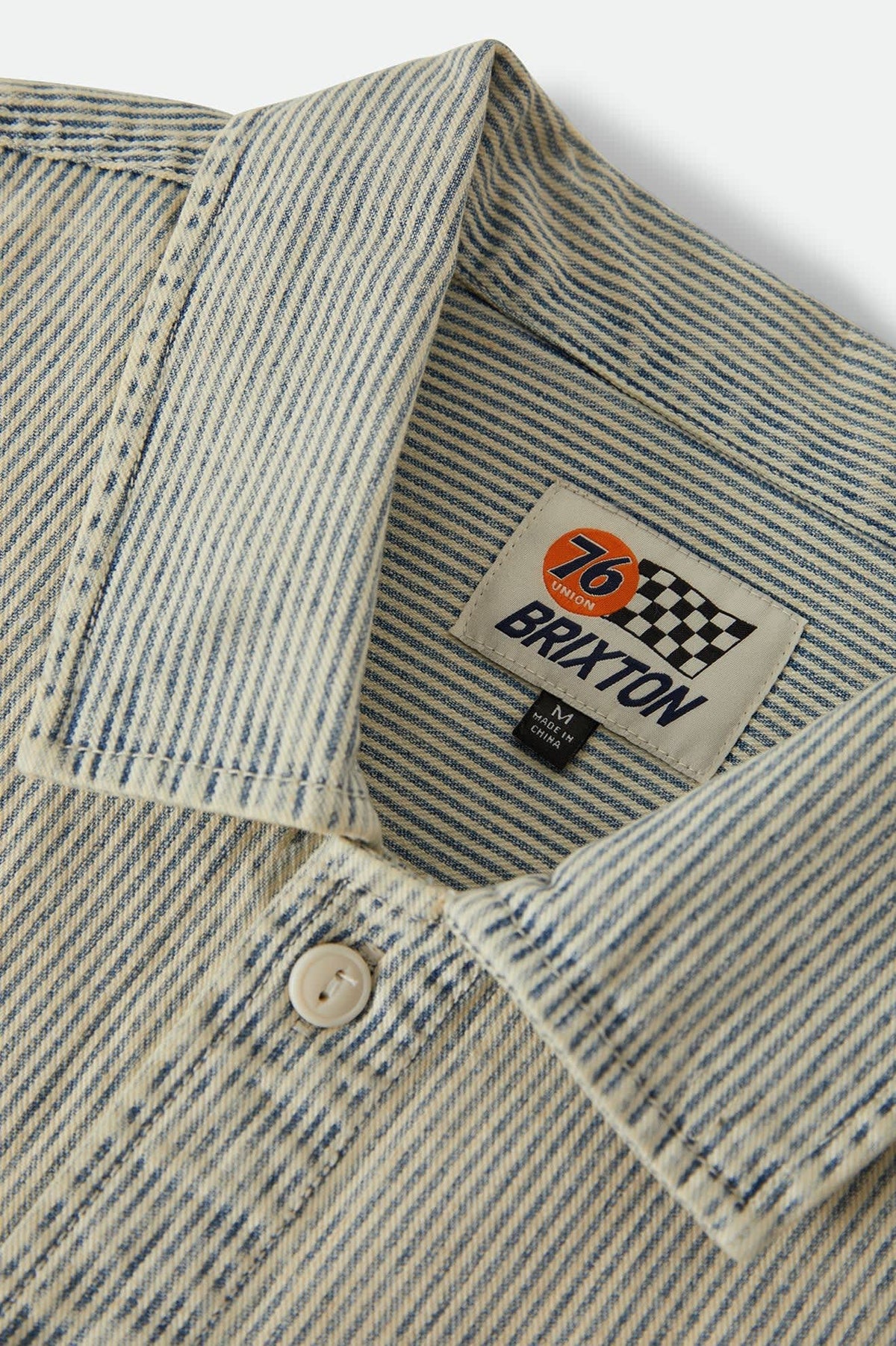 Men's 76 Mechanics Shirt in the color Navy/Off White Hickory Stripe - Additional Laydown image