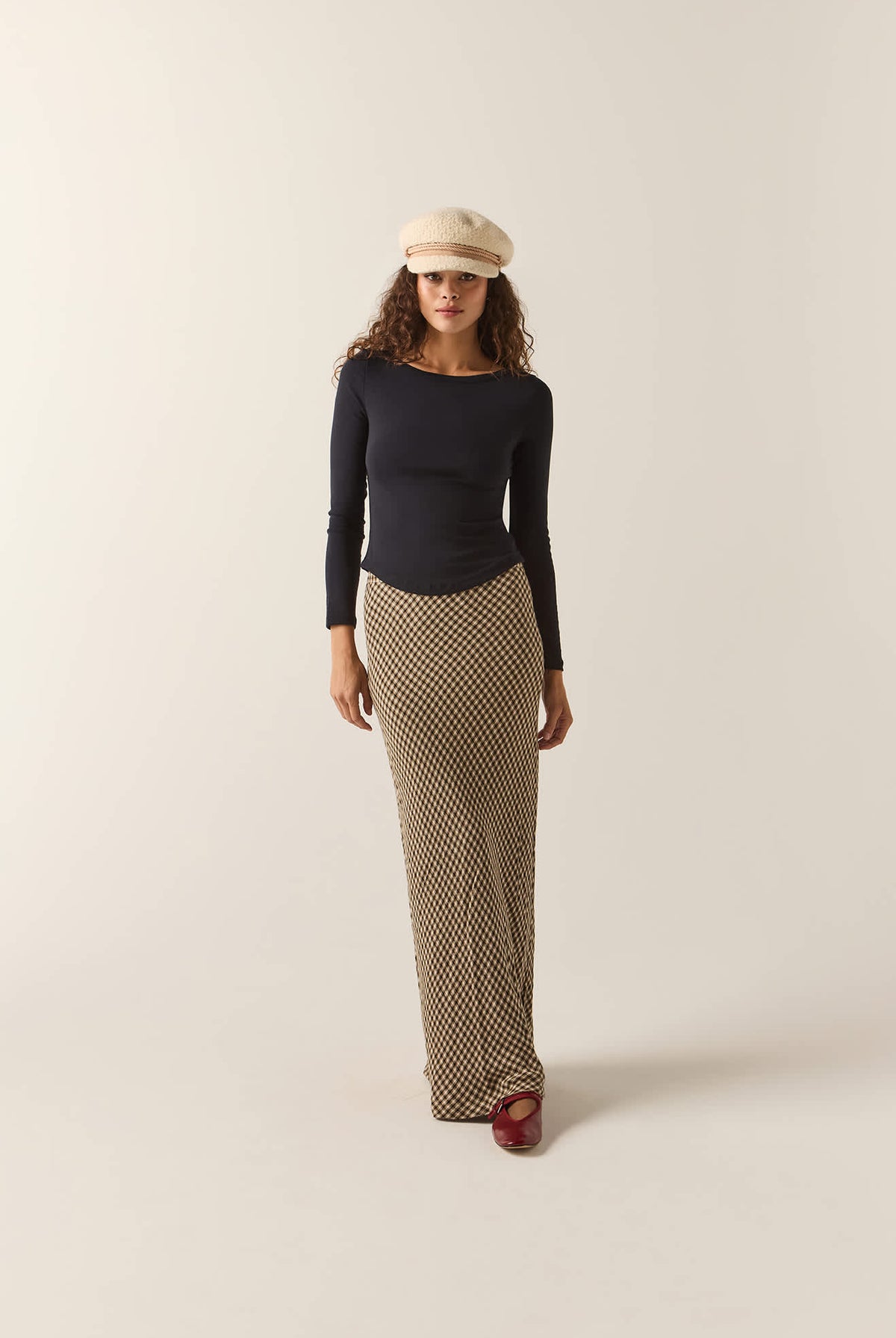 Women's The Molly Silky Skirt in the color Khaki/Off White/Black Micro - Women's Front View