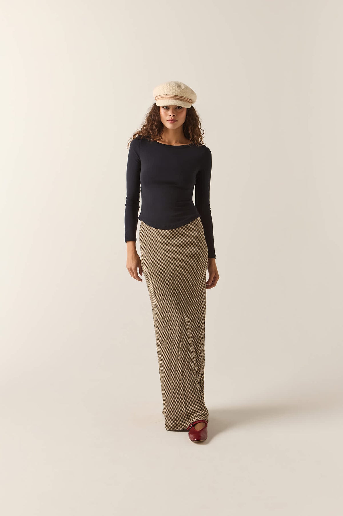 Women's The Molly Silky Skirt in the color Khaki/Off White/Black Micro - Women's Front View