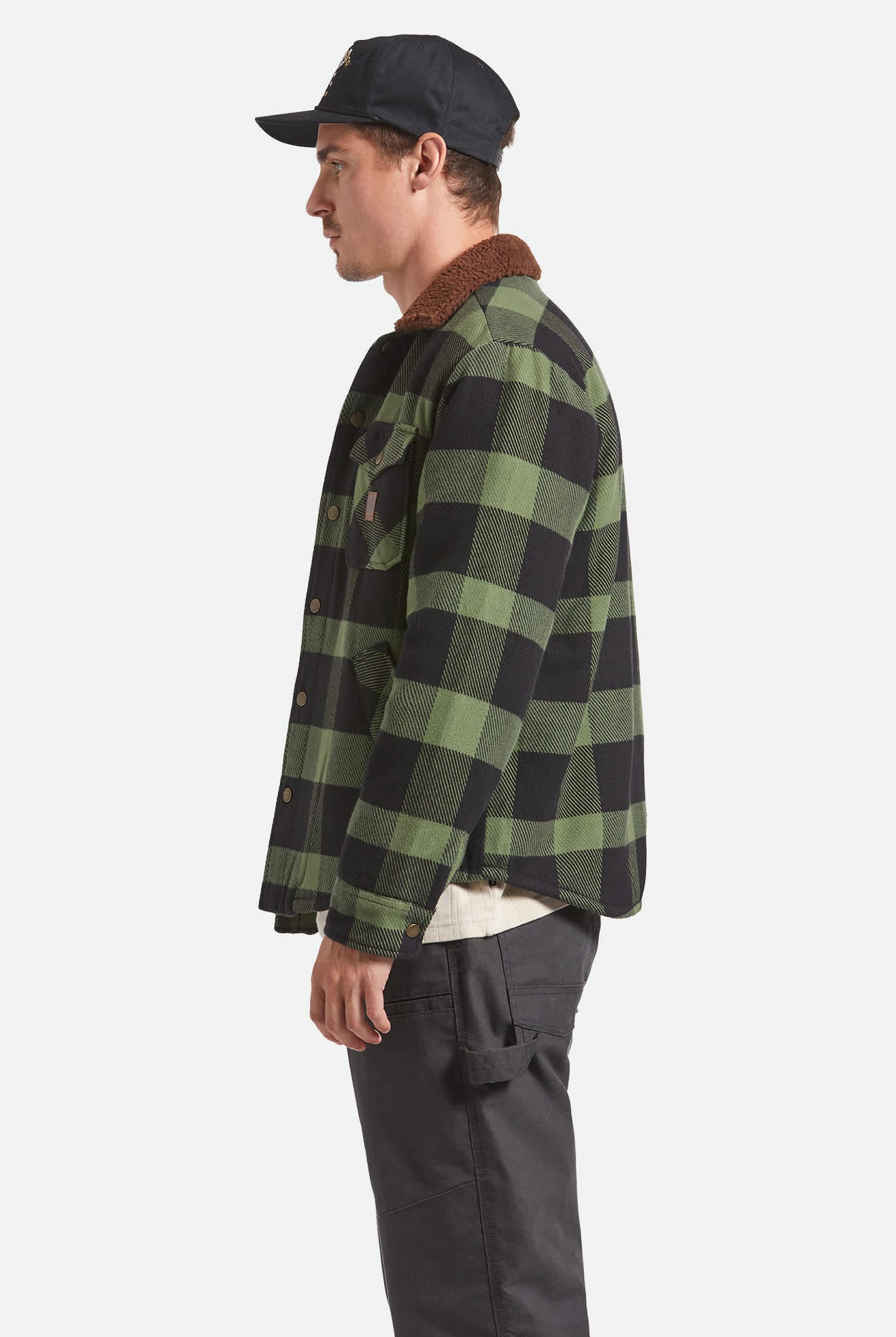 Men's Durham Sherpa Lined Jacket in the color Black/Wild Green Flannel - Men's Side View