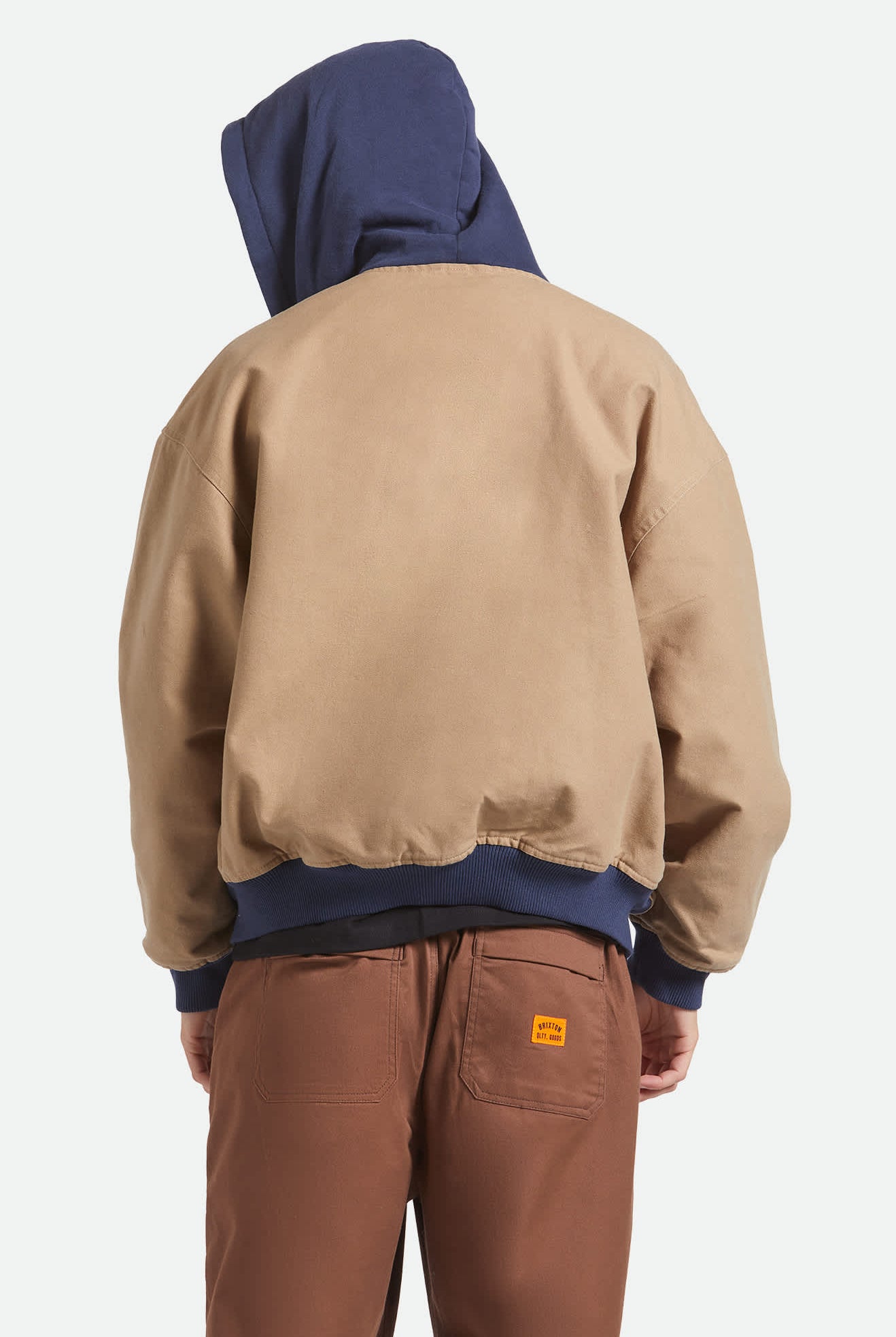 Men's Canvas Hooded Bomber Jacket in the color Khaki/Mood Indigo - Men's Back View