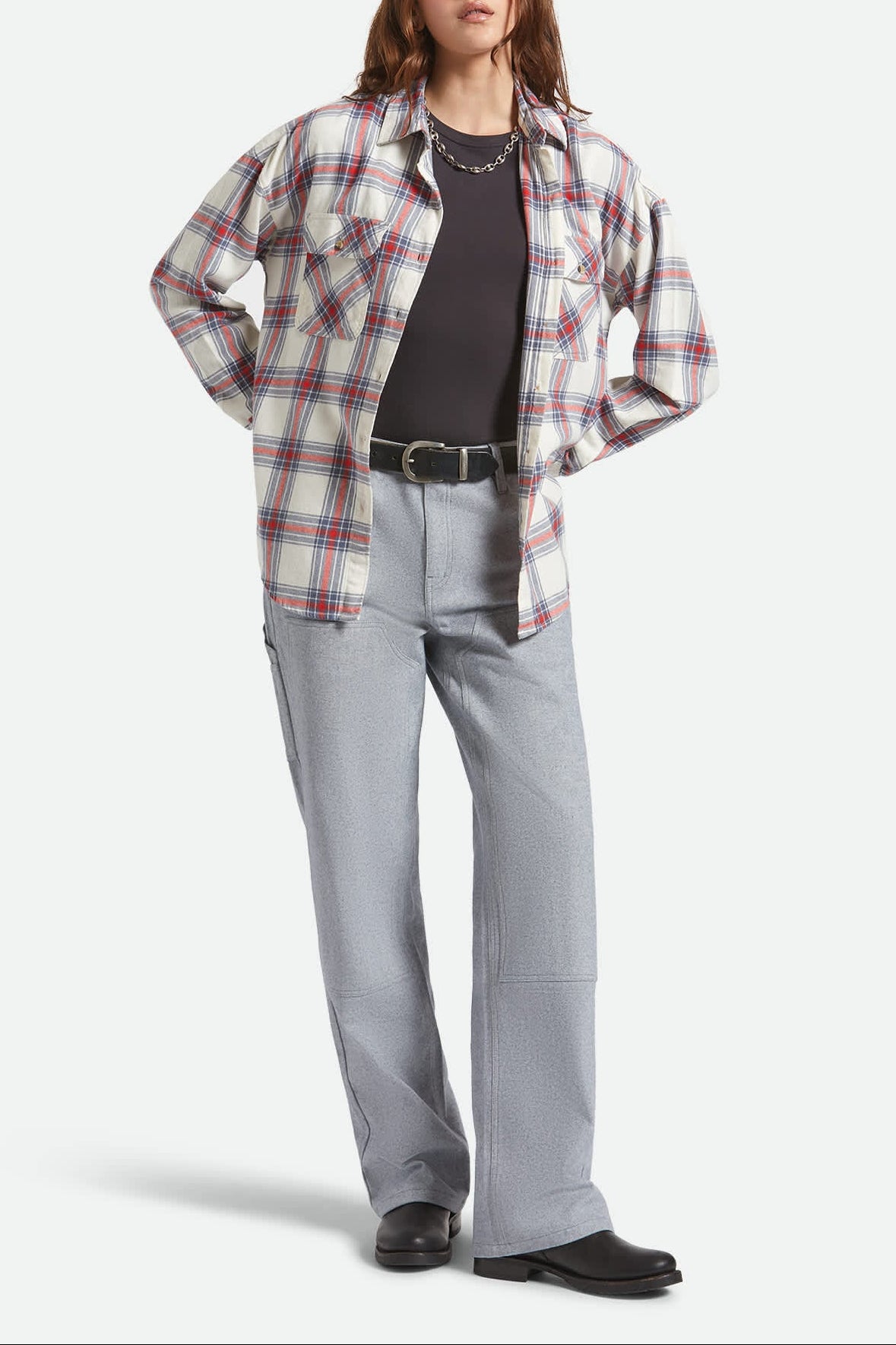 Women's Bowery Vintage Overshirt in the color Off White/Berring Sea/Red - Additional Fit image