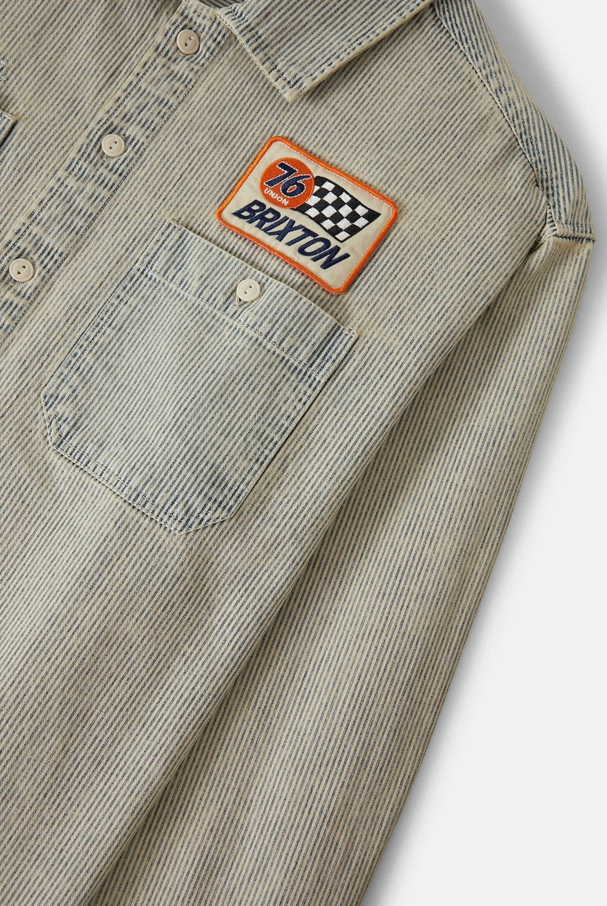 Men's 76 Mechanics Shirt in the color Navy/Off White Hickory Stripe - Additional Laydown image