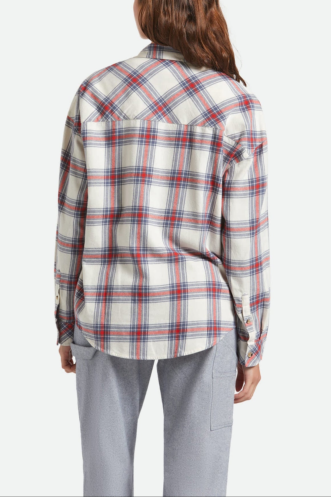 Women's Bowery Vintage Overshirt in the color Off White/Berring Sea/Red - Women's Back View