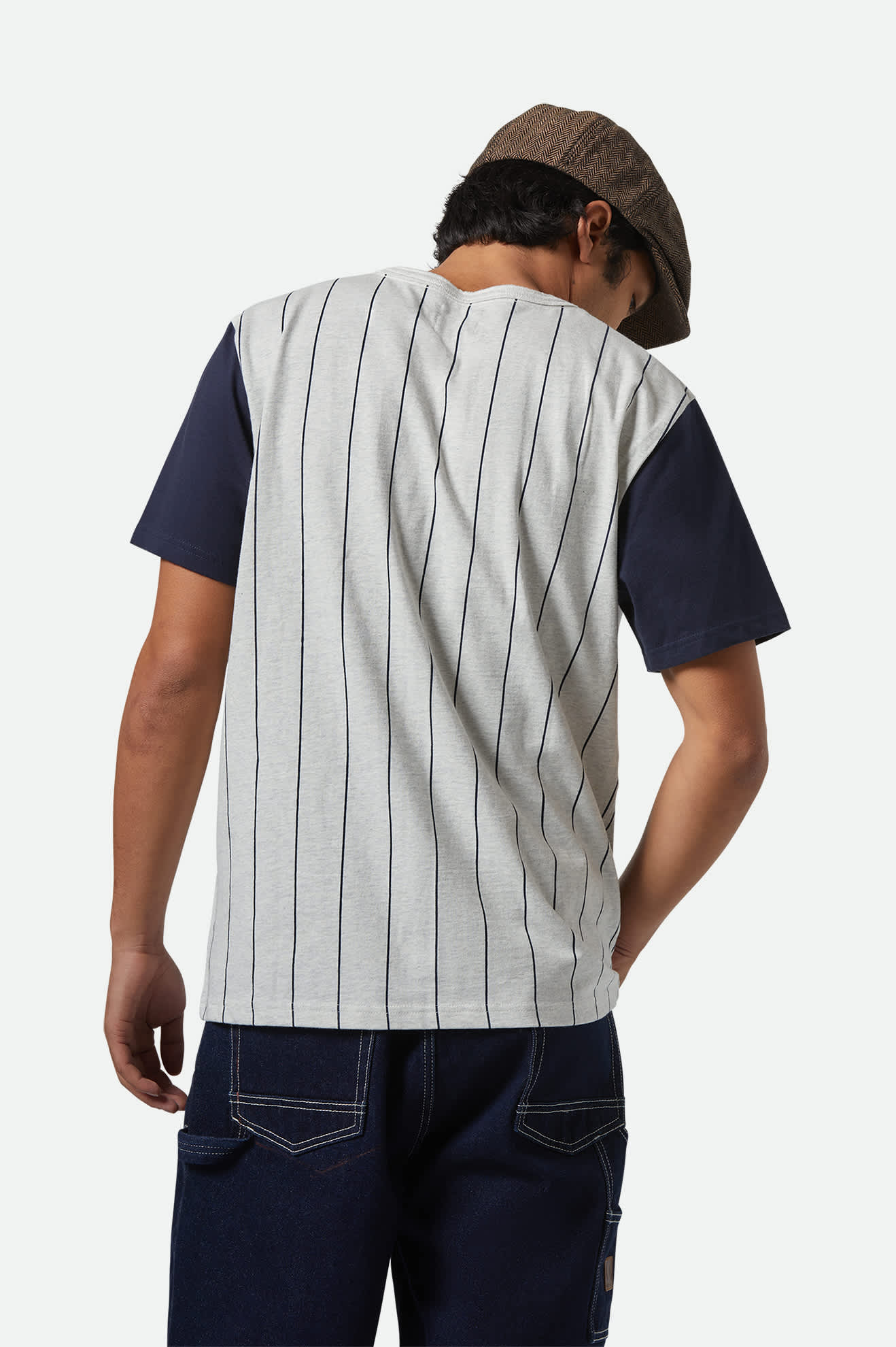 Men's The League Baseball T-Shirt in the color Heather Grey Ash/Washed Navy - Men's Back View