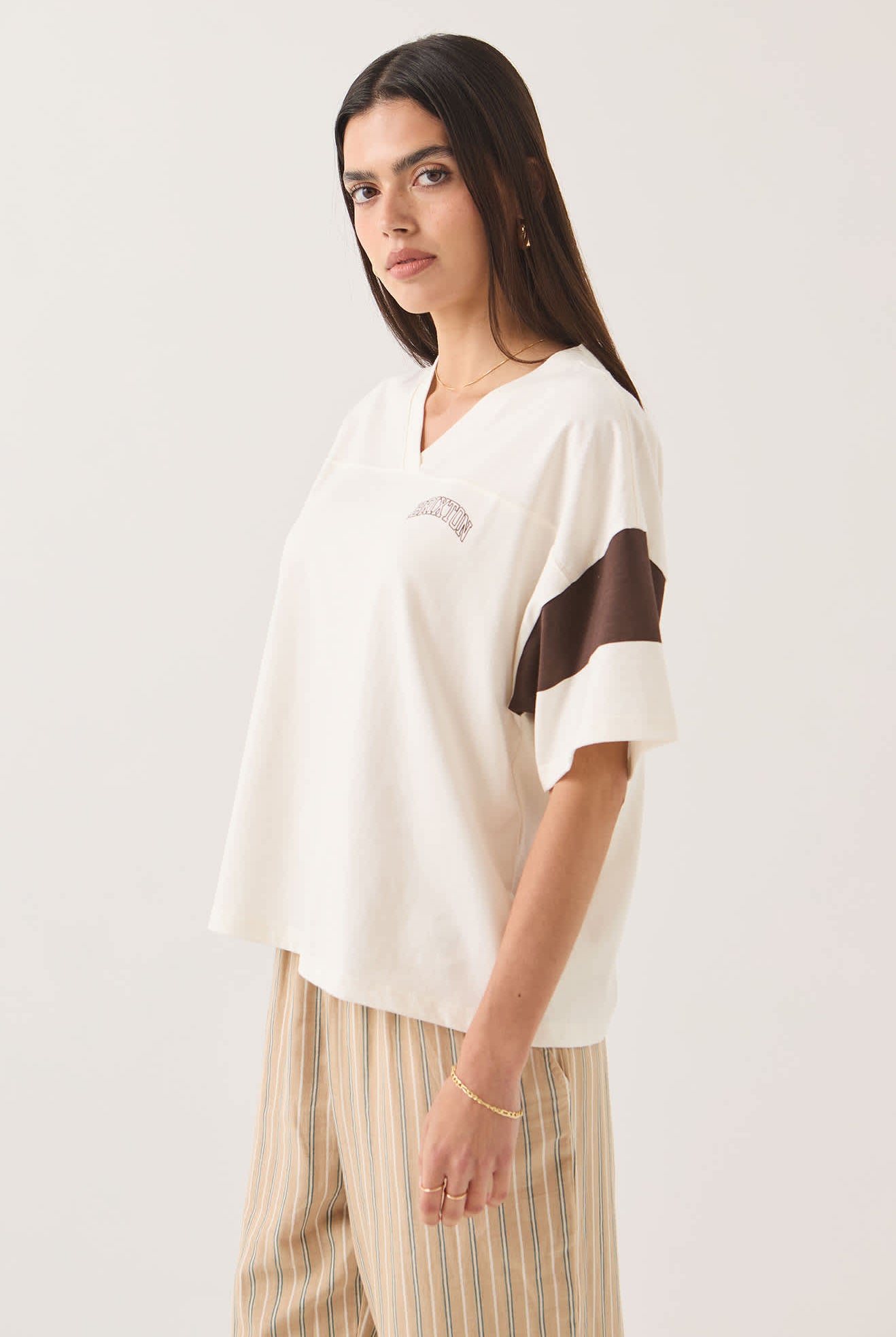 Women's Brixton Boxy Cropped Football T-Shirt in the color Off White - Women's Side View
