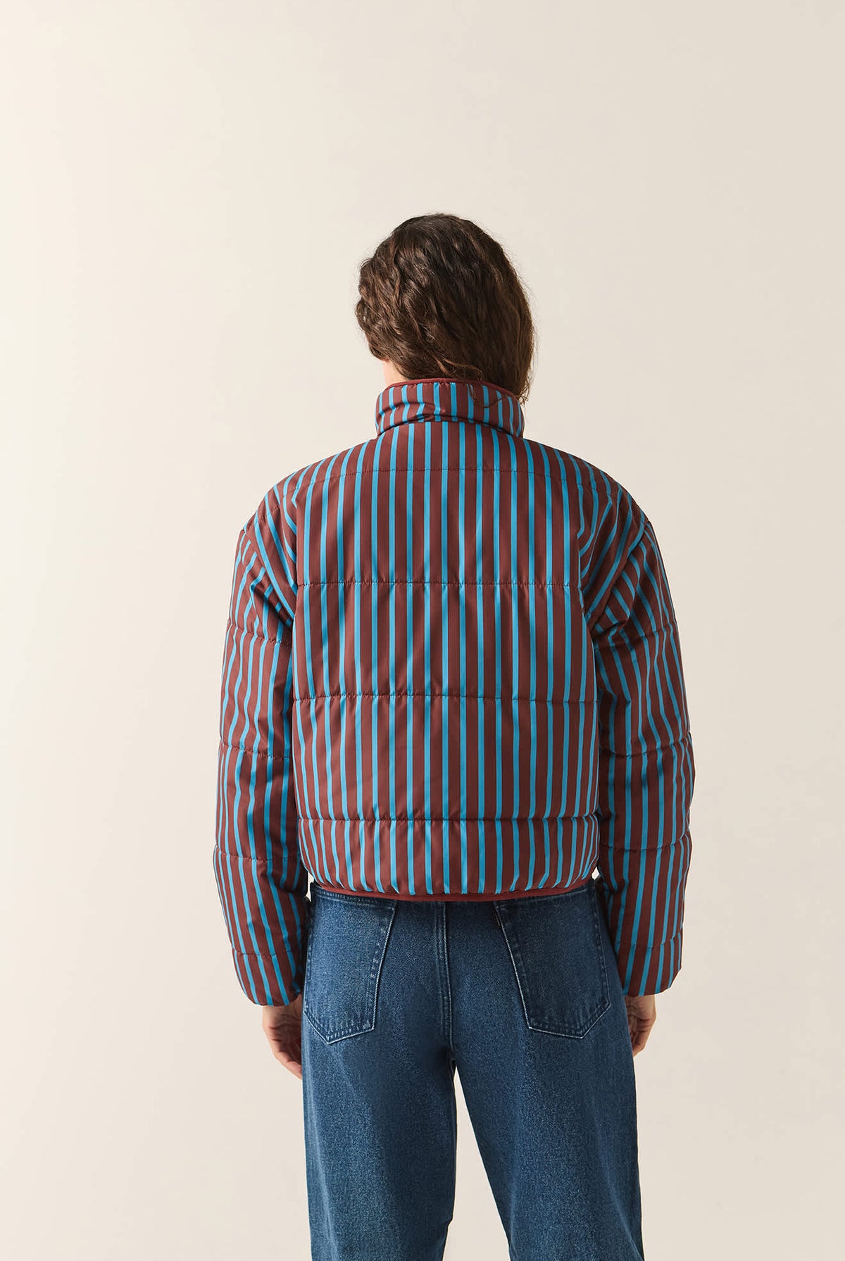 Women's Delilah Mock Neck Jacket in the color Dark Brick/Electric Indigo Stripe - Women's Back View