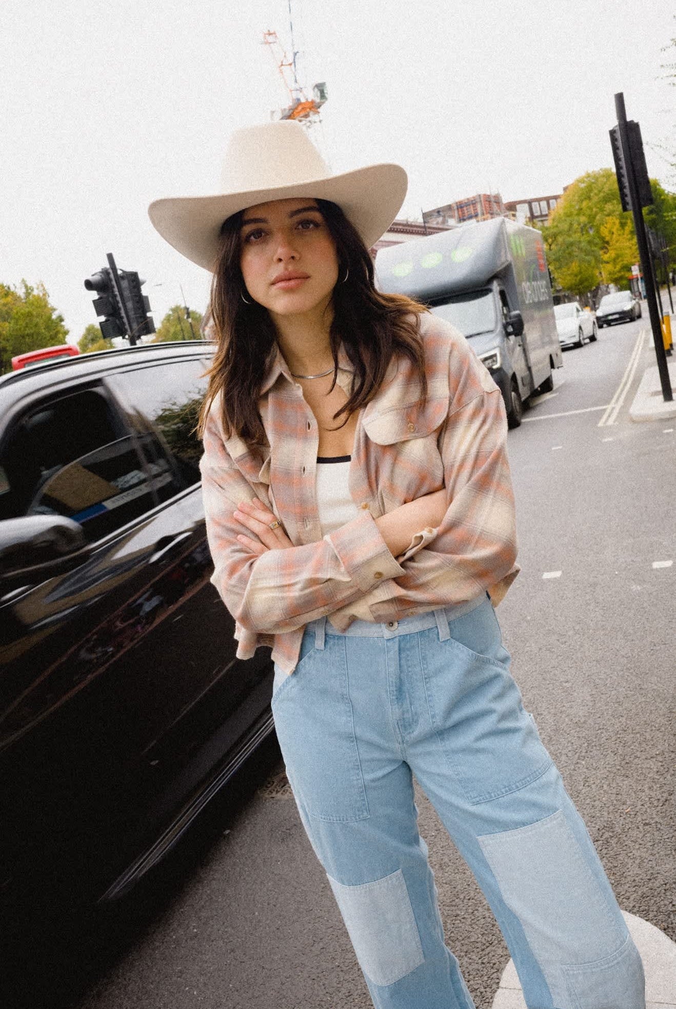Women's Bowery Crop Women's Overshirt in the color Soft Tan Window Plaid - Women's Lifestyle image