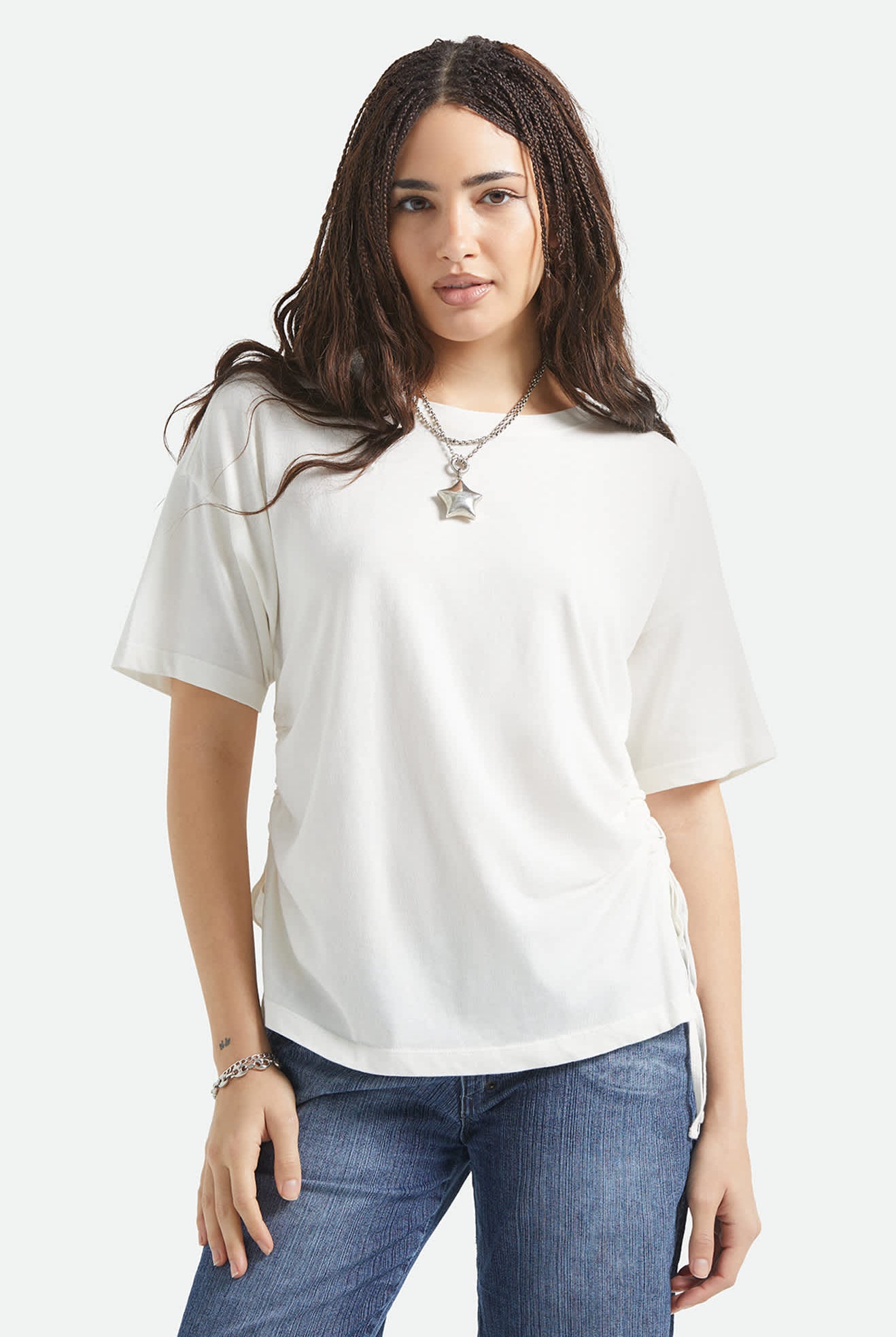 Women's Carefree Organic Garment Dye Cinch T-Shirt in the color Off White - Women's Front View