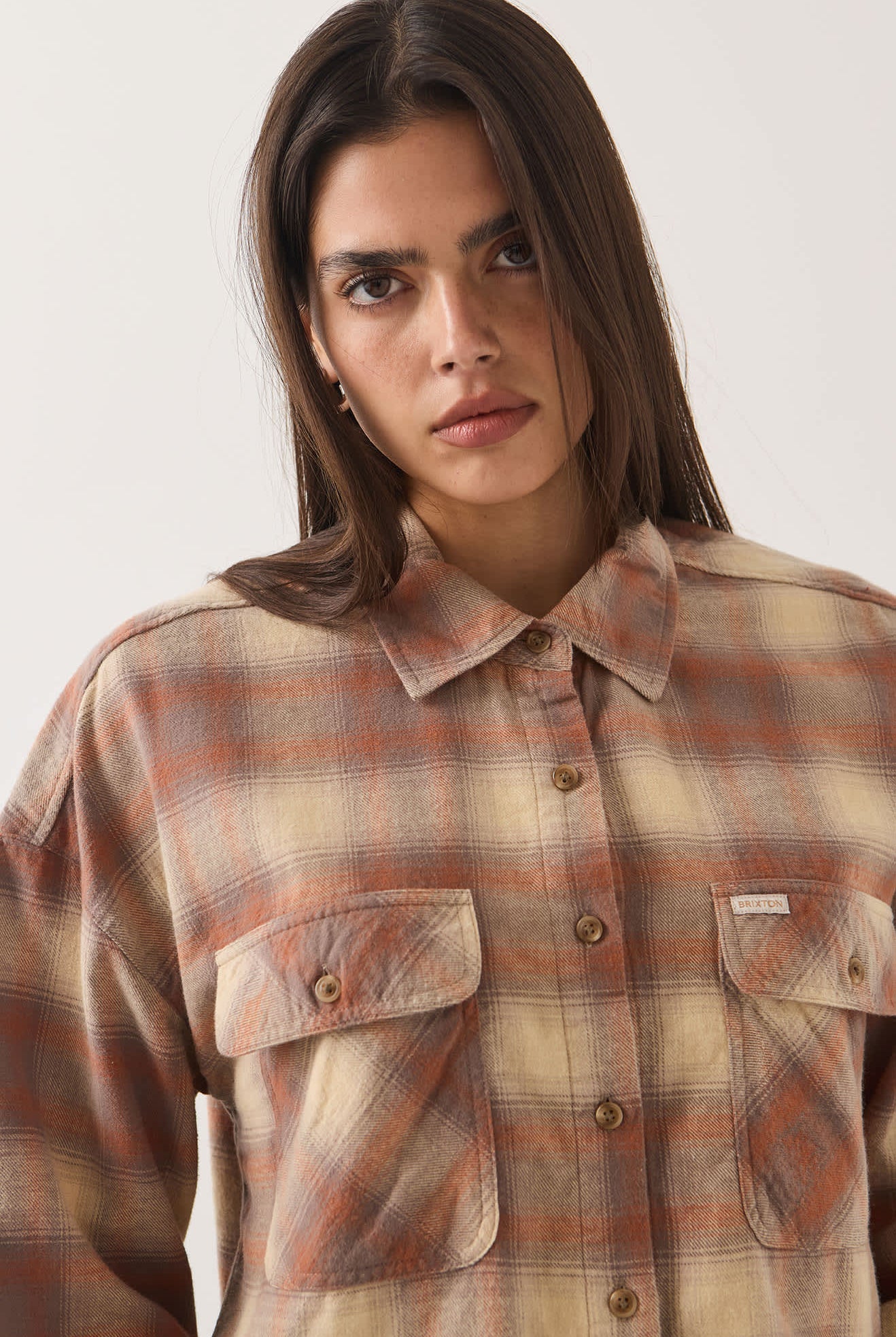 Women's Bowery Crop Women's Overshirt in the color Soft Tan Window Plaid - Additional Fit image