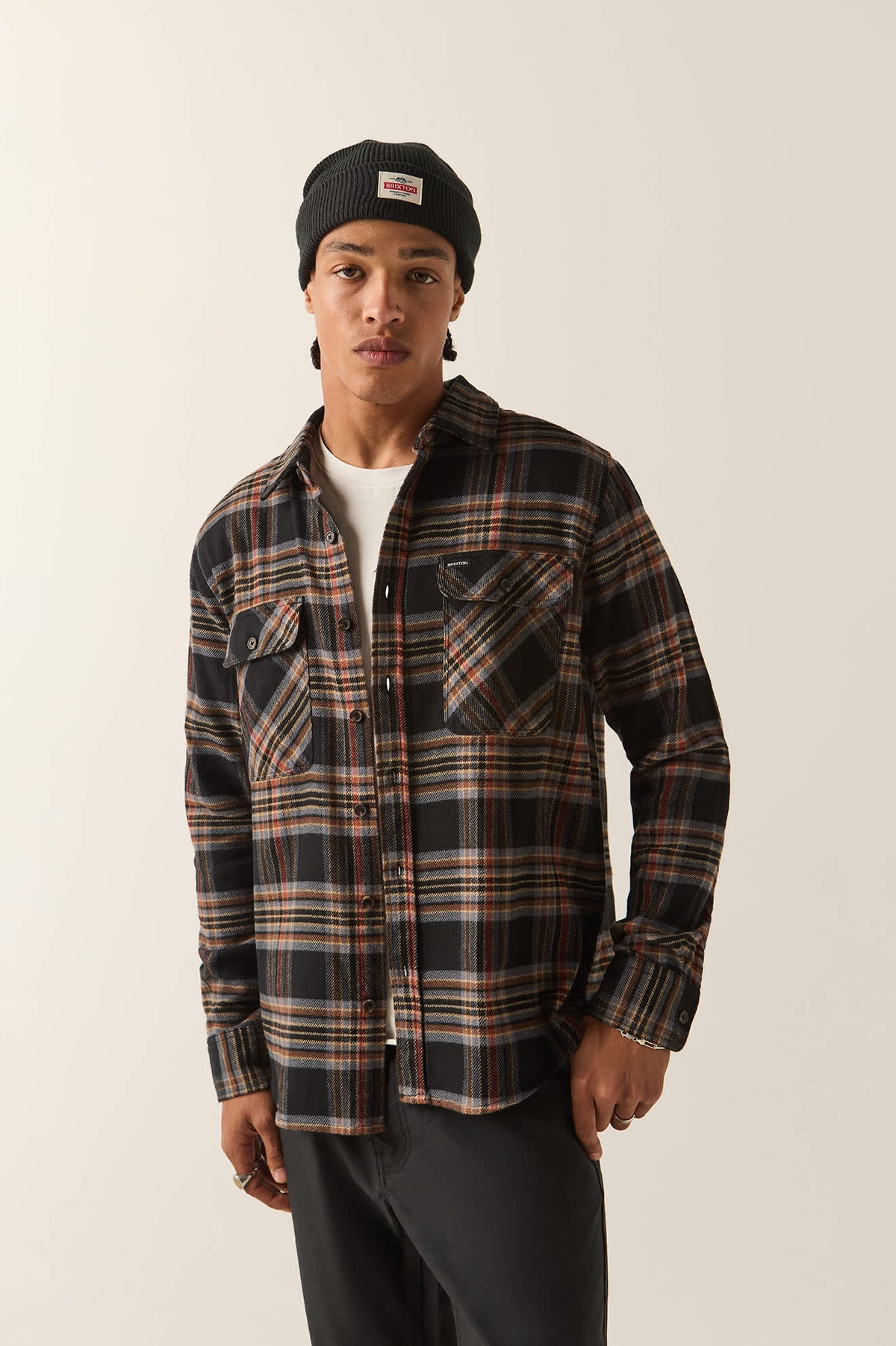 Men's Bowery Flannel in the color Black/Red Earth - Men's Front View