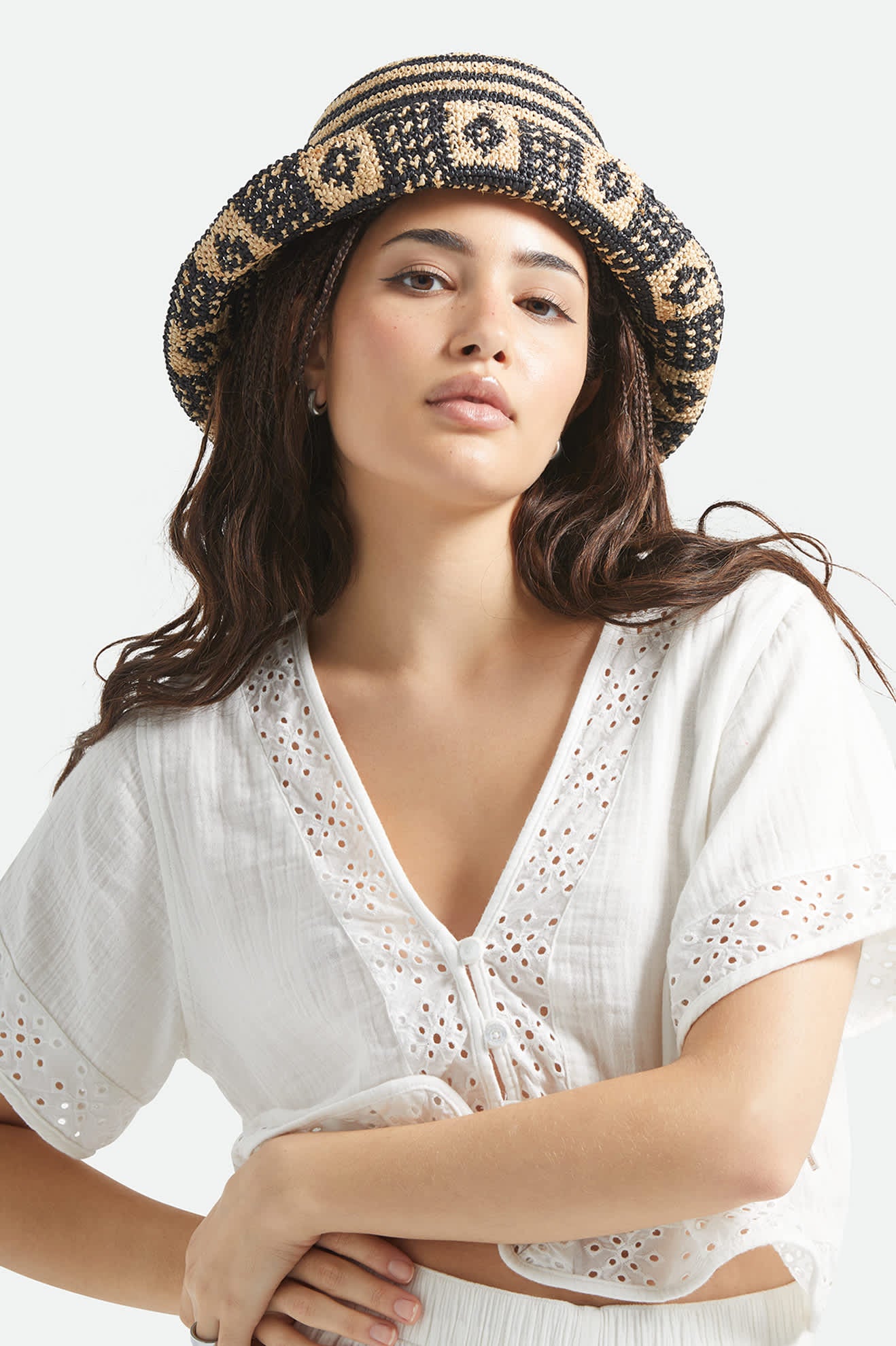 Women's Redding Packable Straw Bucket Hat in the color Black/Natural - Women's Front View