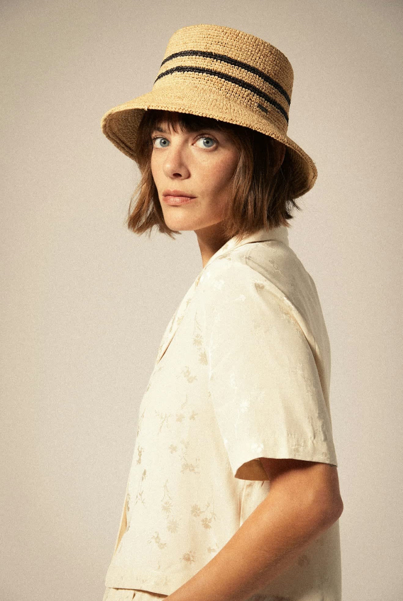 Women's Ellee Straw Bucket Hat in the color Tan/Black - Additional Fit image