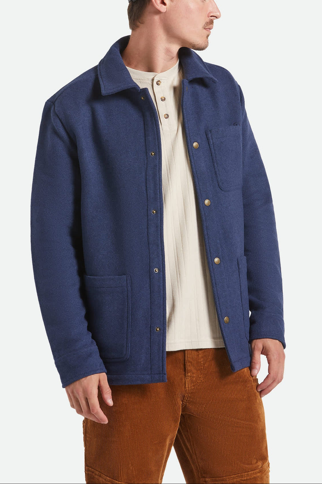 Men's New West Chore Coat in the color Mood Indigo - Men's Front View