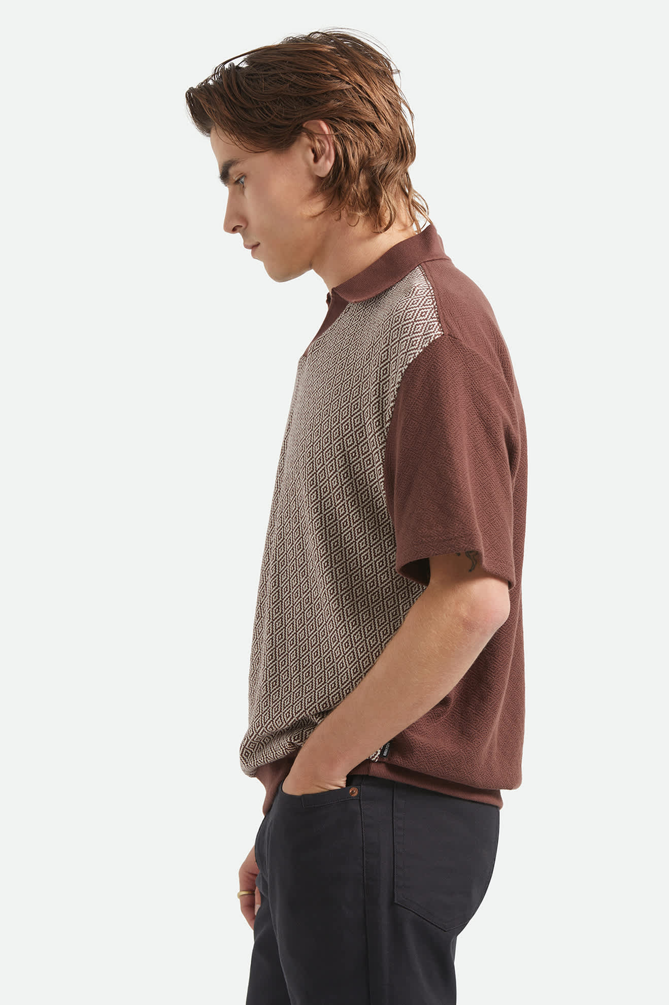 Men's Theo Jacquard Short Sleeve Polo in the color Chocolate/Off White - Men's Side View