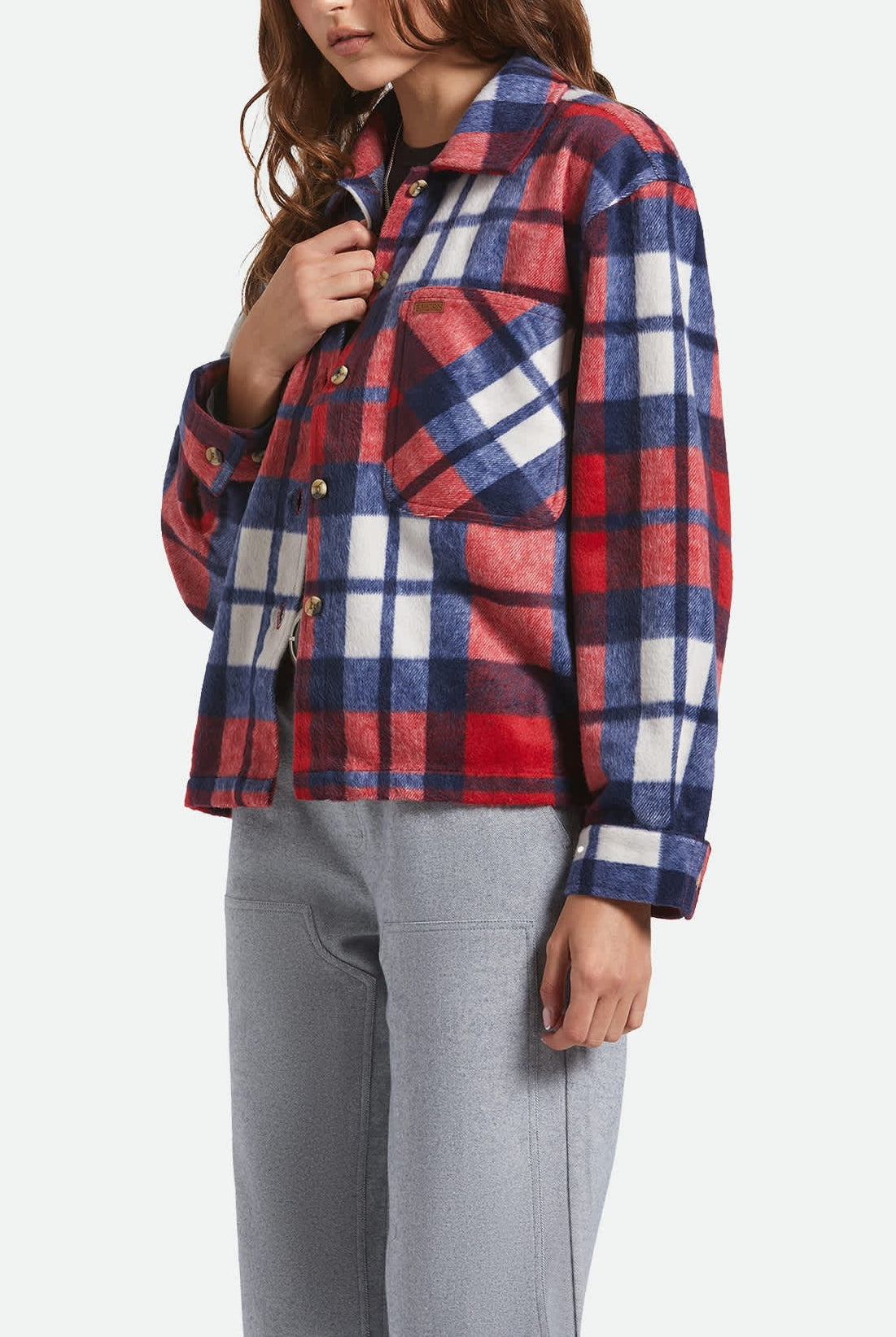 Women's Bowery Women's Soft Brushed Flannel in the color Adrenaline Rush/Navy - Women's Side View