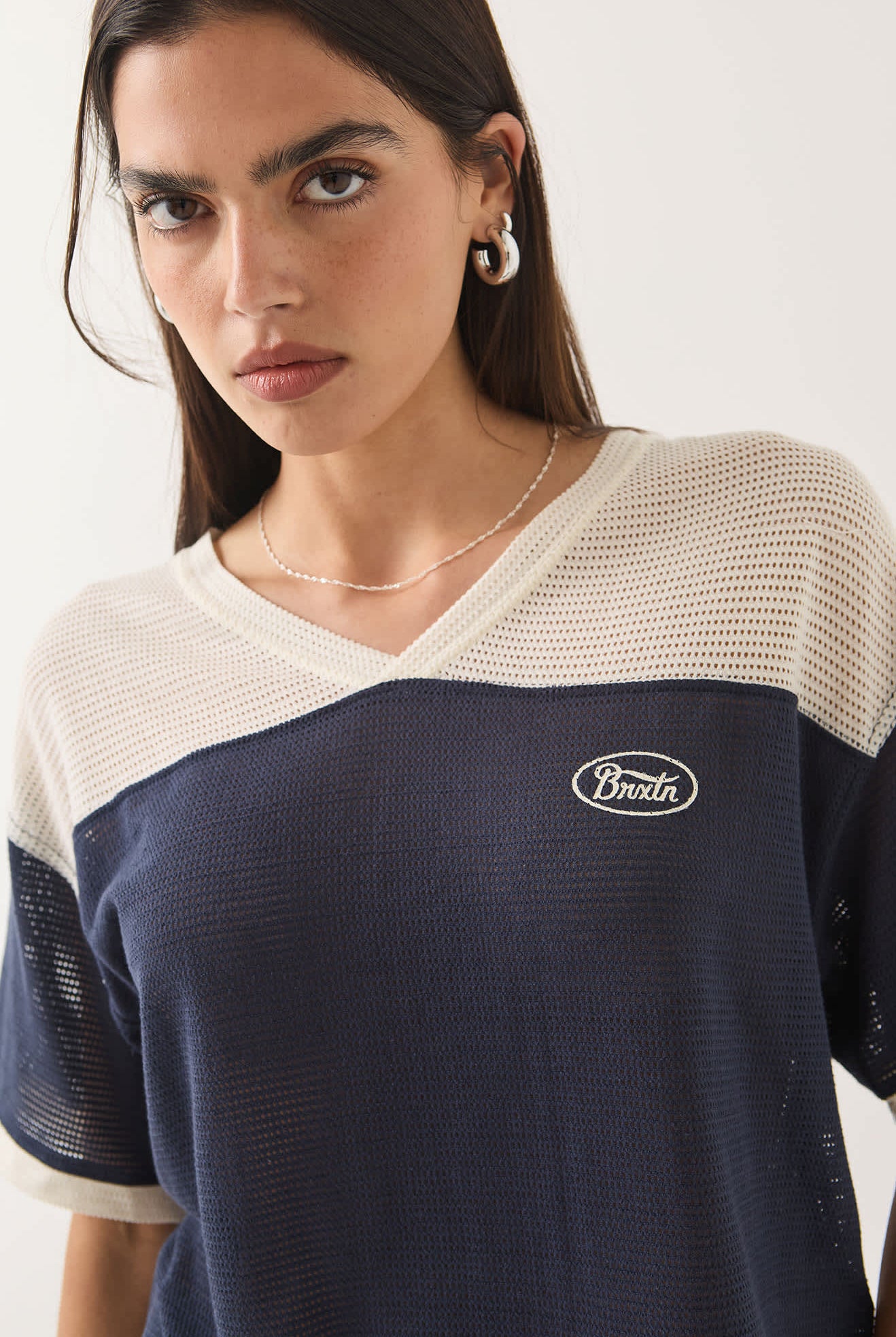 Women's Varsity Mesh T-Shirt in the color Off White/Washed Navy - Additional Fit image