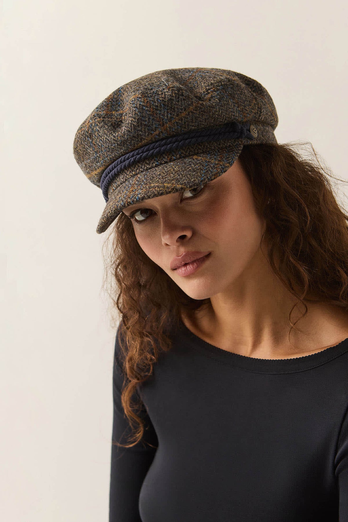Unisex Fiddler Fisherman Cap in the color Slate Blue/Sepia/Orange - Women's Front View