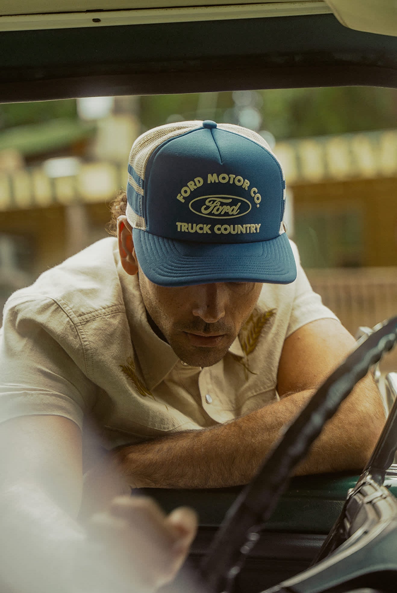 Unisex Ford Built Tough Trucker Hat in the color Ford Blue/Wimbledon White - Men's Lifestyle image